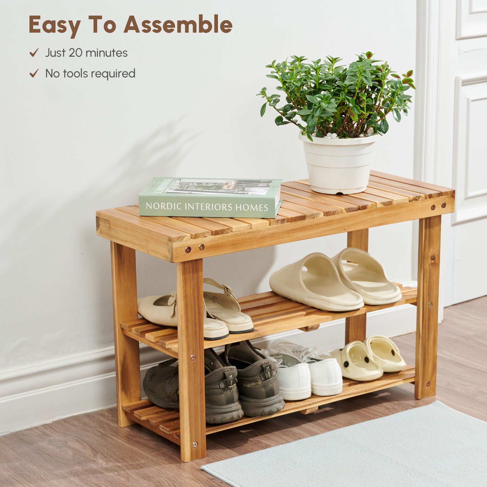 Shoe Rack Bench, 2 Tier Organizer For Entryway - Acacia Wood
