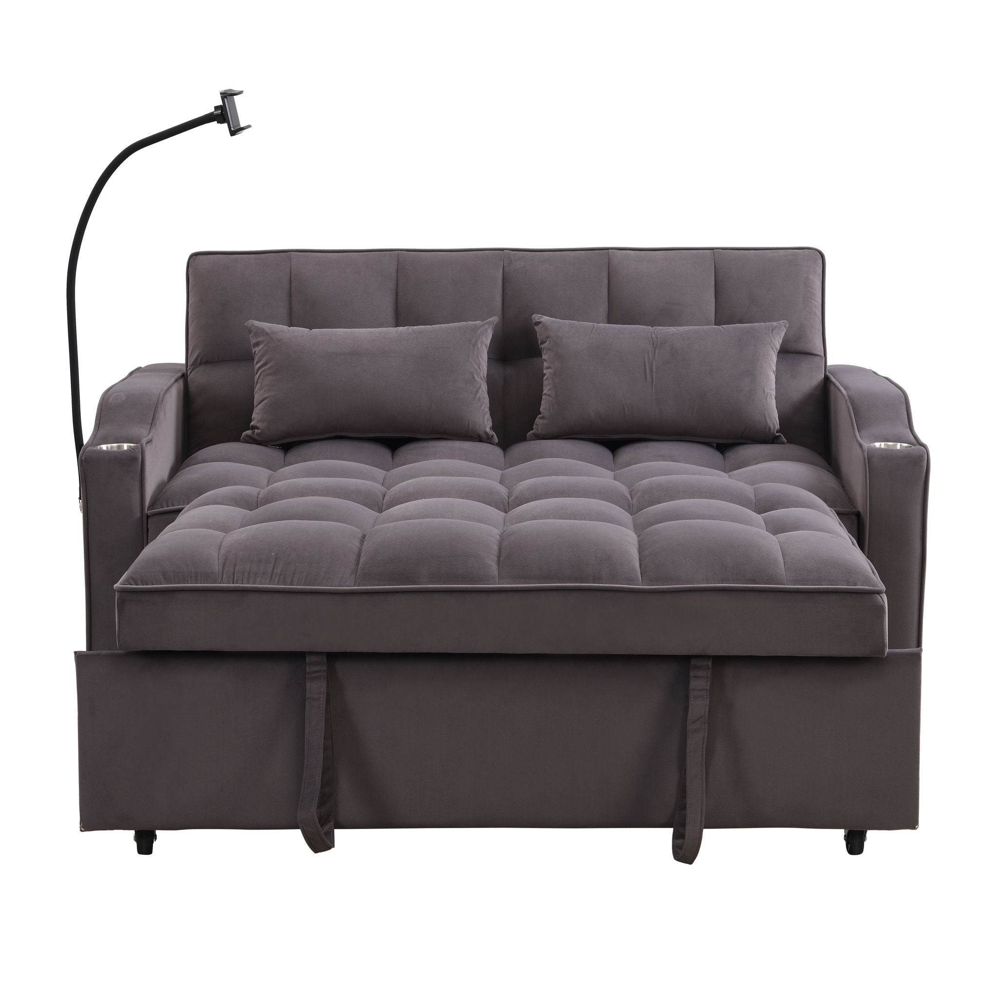 Modern Velvet Loveseat Futon Sofa With Pullout Bed, Adjustable Reclining Backrest, Toss Pillows