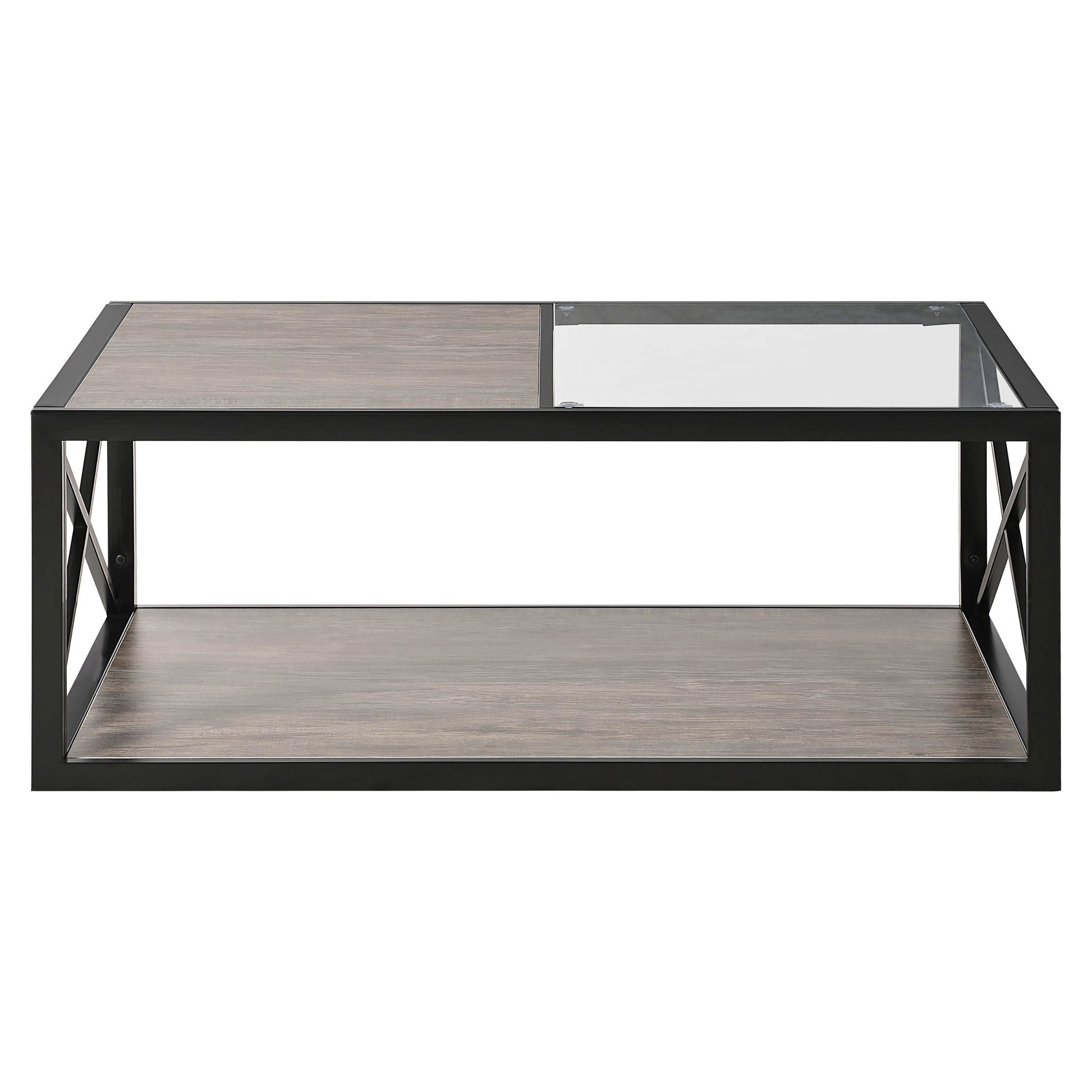 Industrial Style Coffee Table For Bedroom & Living Room With Tempered Glass & Wood Grain - Wood