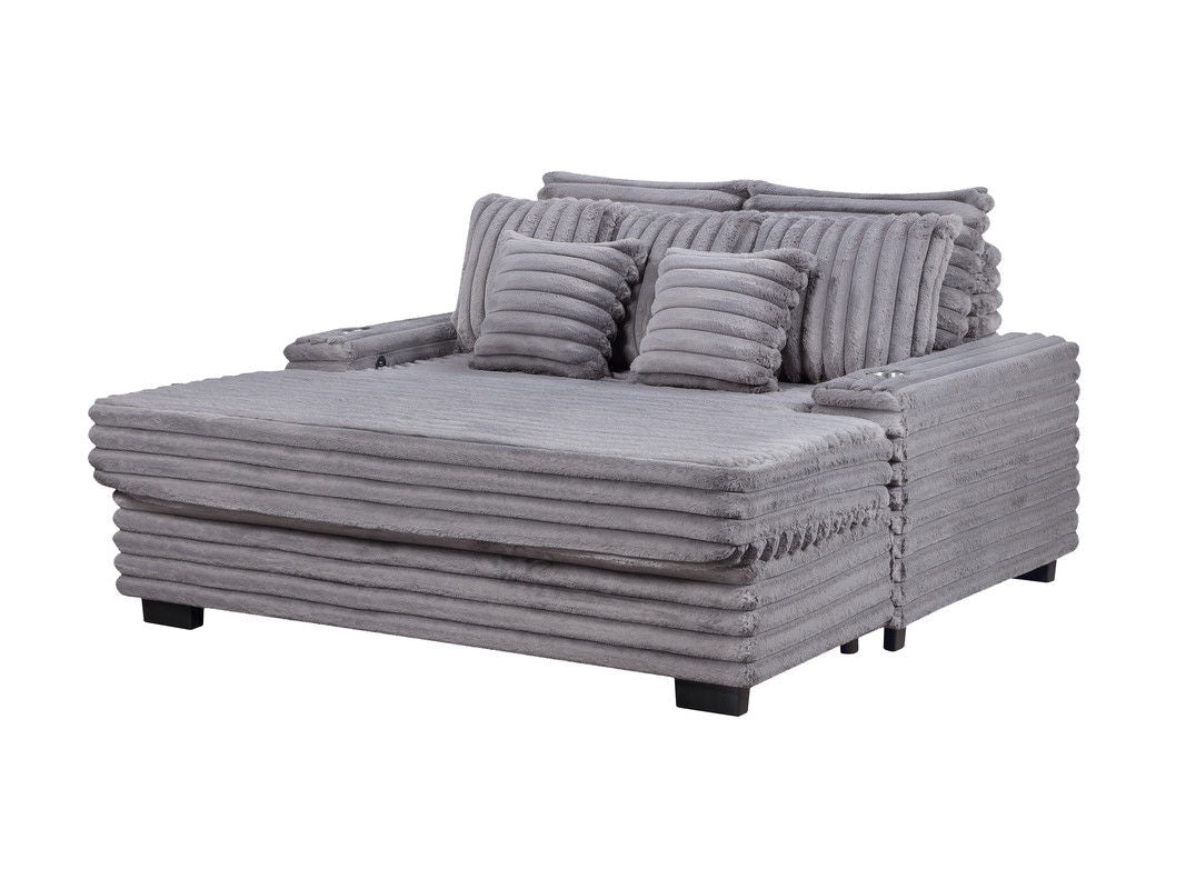 Symphony 67"W Gray Corduroy Oversized Sofa Chaise Lounge Chair with Cupholders and USB Charging Port