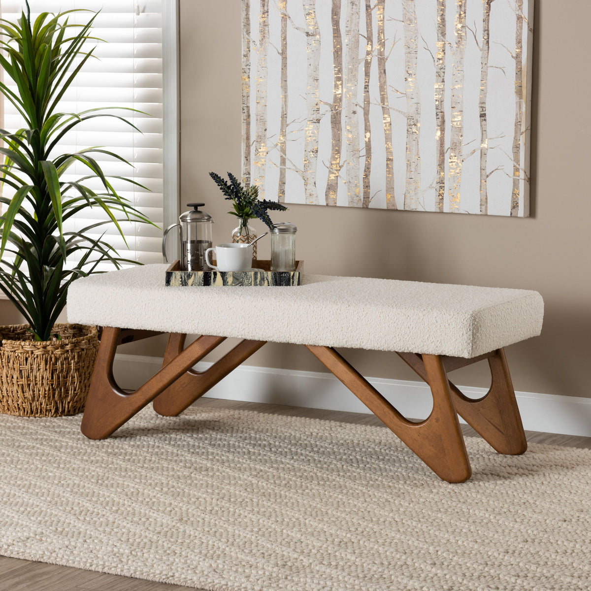 Rika Japandi Cream Boucle Fabric and Walnut Brown Finished Wood Bench
