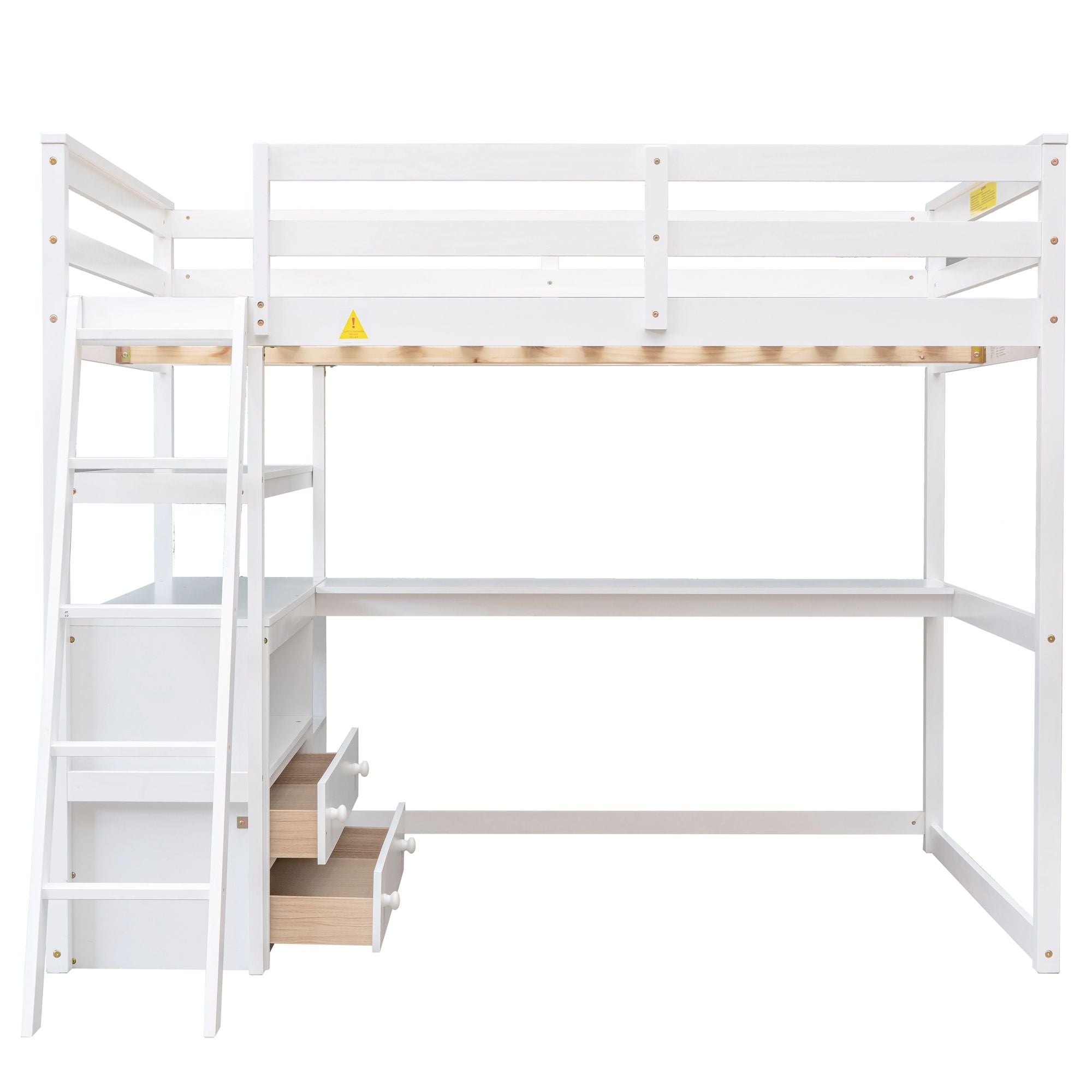 Modern Loft Bed With Built In Desk, Shelves, And 2 Drawers