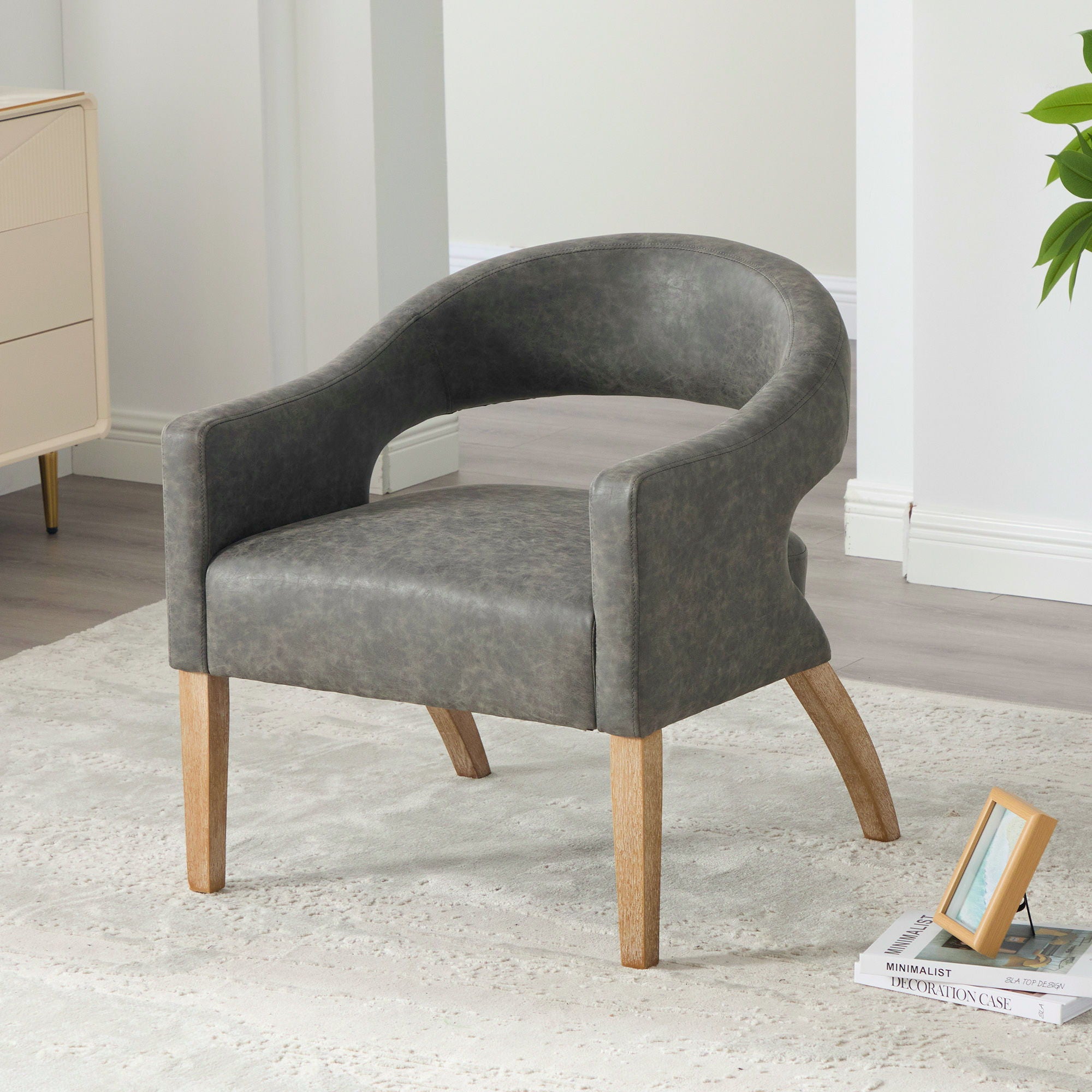 Upholstered Open Back Armchair With Weathered Rubberwood Legs