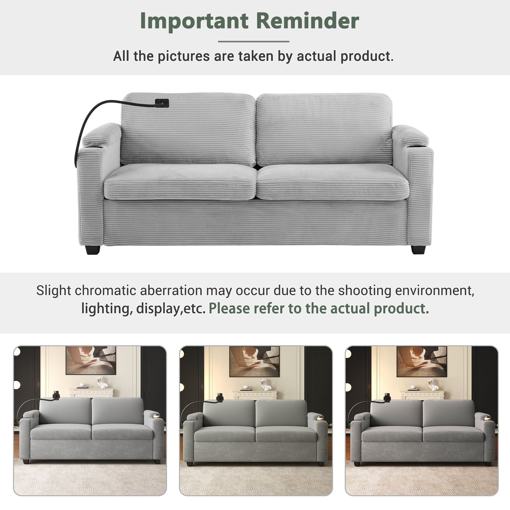 Corduroy Sleeper Sofa Loveseat Sofa With Full Size Mattress, 2 USB Ports, 2 Cup Holders, 2 Side Pockets And Phone Holder