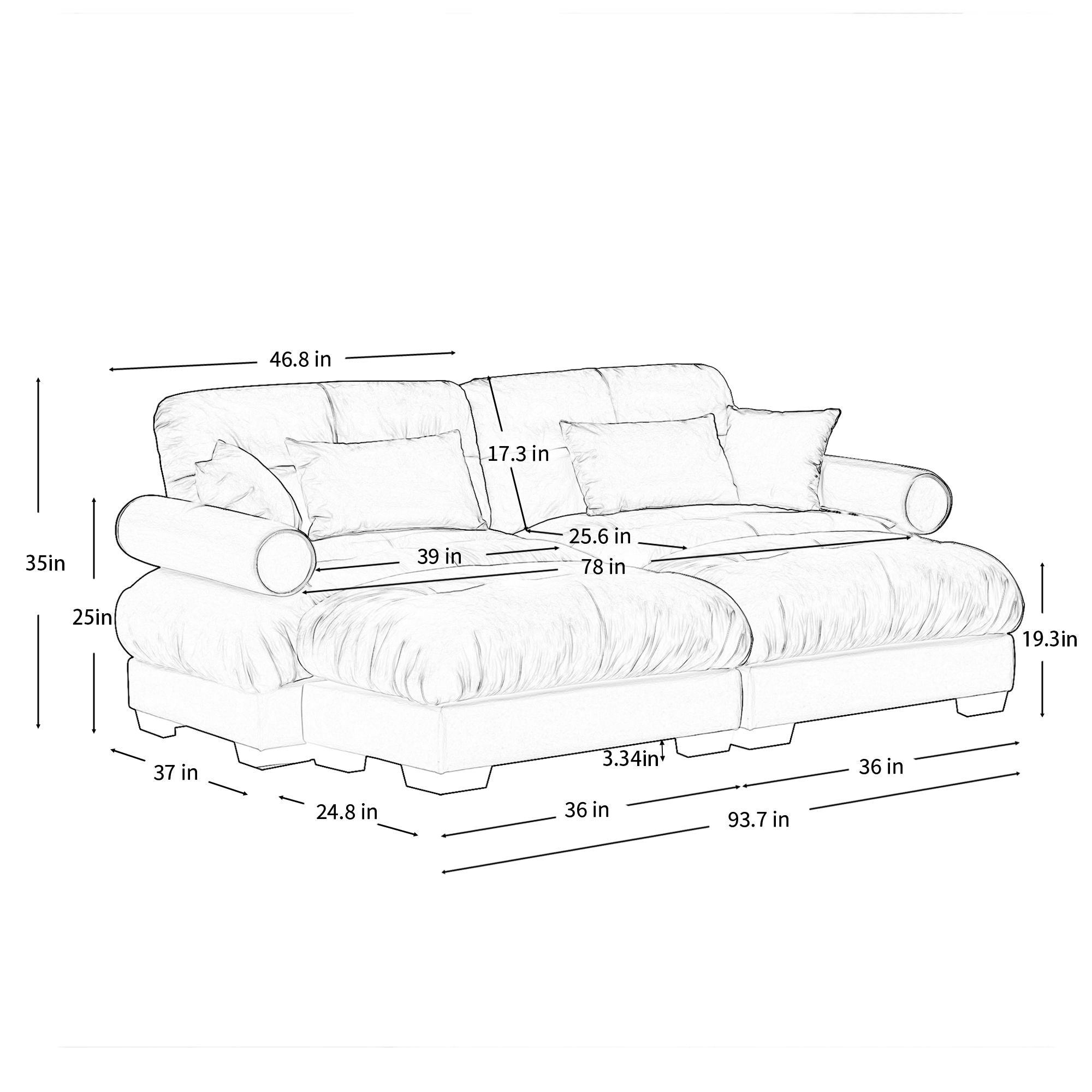 Modern Sectional Sofa With Ottoman, Round Bolster Armrests, Waist And Throw Pillows
