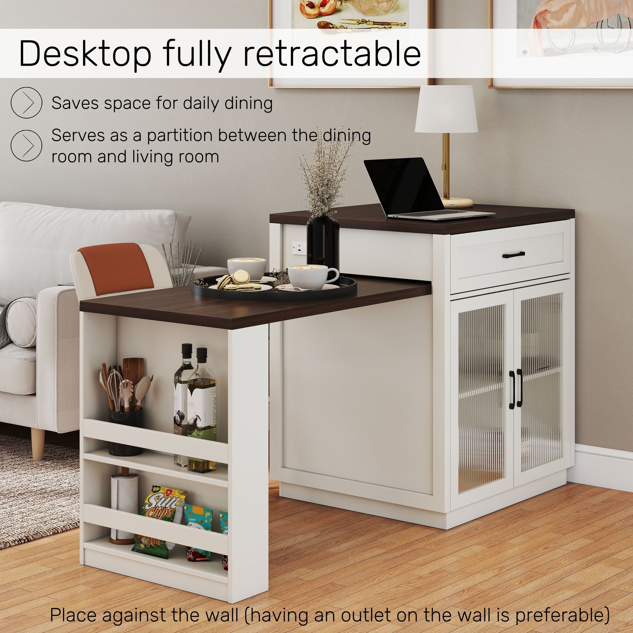 Extendable Kitchen Island With Slide Out Table And Storage Racks For 2 - 6 Person, Power Outlet, Bar, Prep Station - Creamy White / Walnut