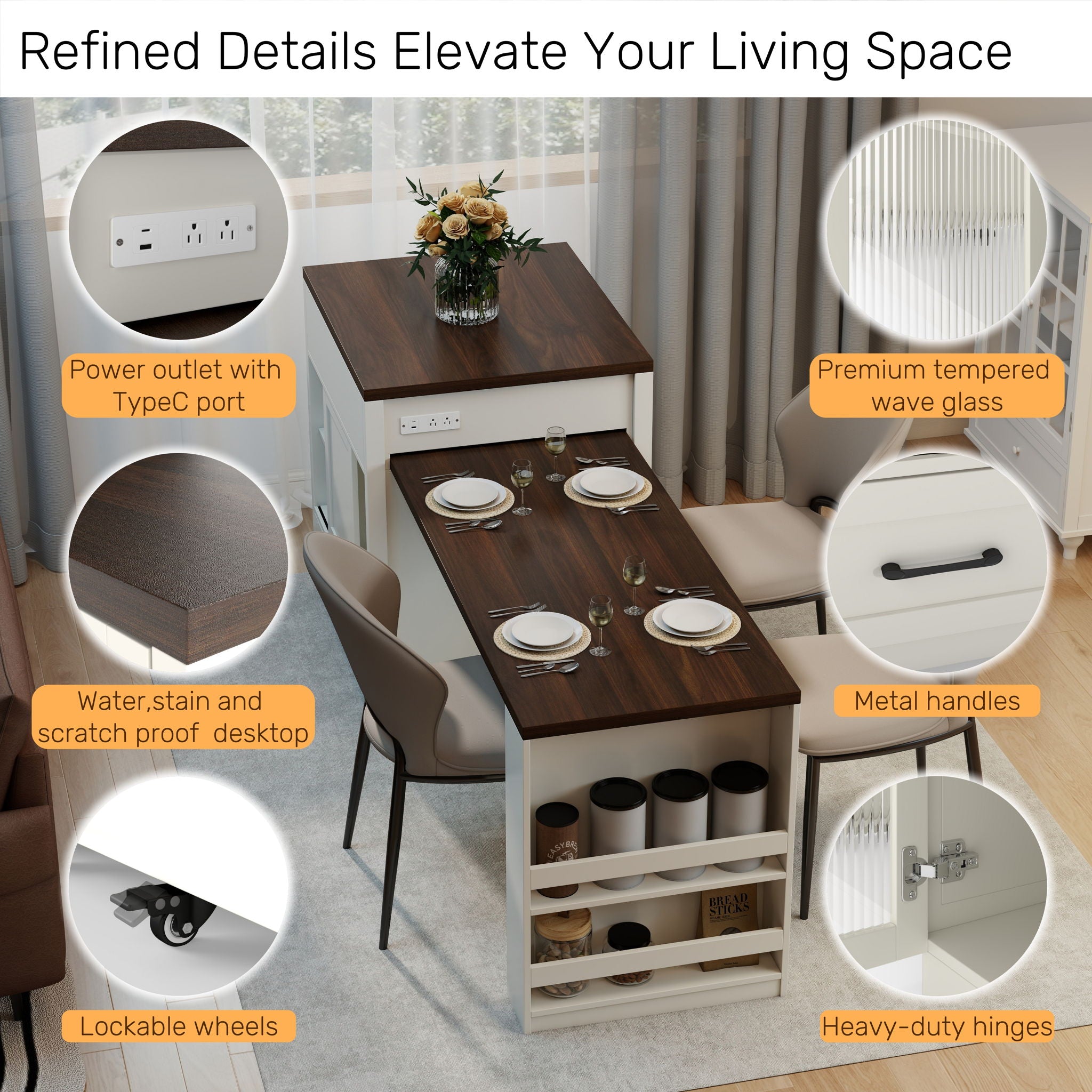 Extendable Kitchen Island With Slide Out Table And Storage Racks For 2 - 6 Person, Power Outlet, Bar, Prep Station - Creamy White / Walnut