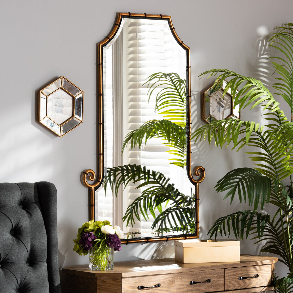 Layan Glamourous Hollywood Regency Style Gold Finished Metal Bamboo Inspired Accent Wall Mirror