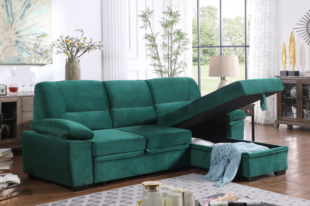 Kipling 97.5"W Green Velvet Fabric Reversible Sleeper Sectional Sofa Chaise