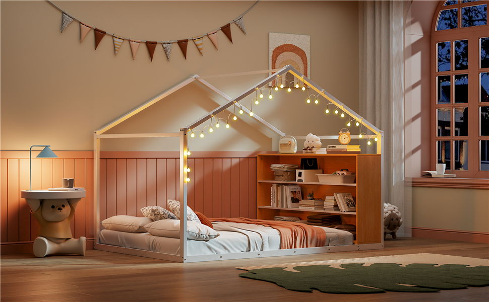 Bed House Frame With Shelves And Lights