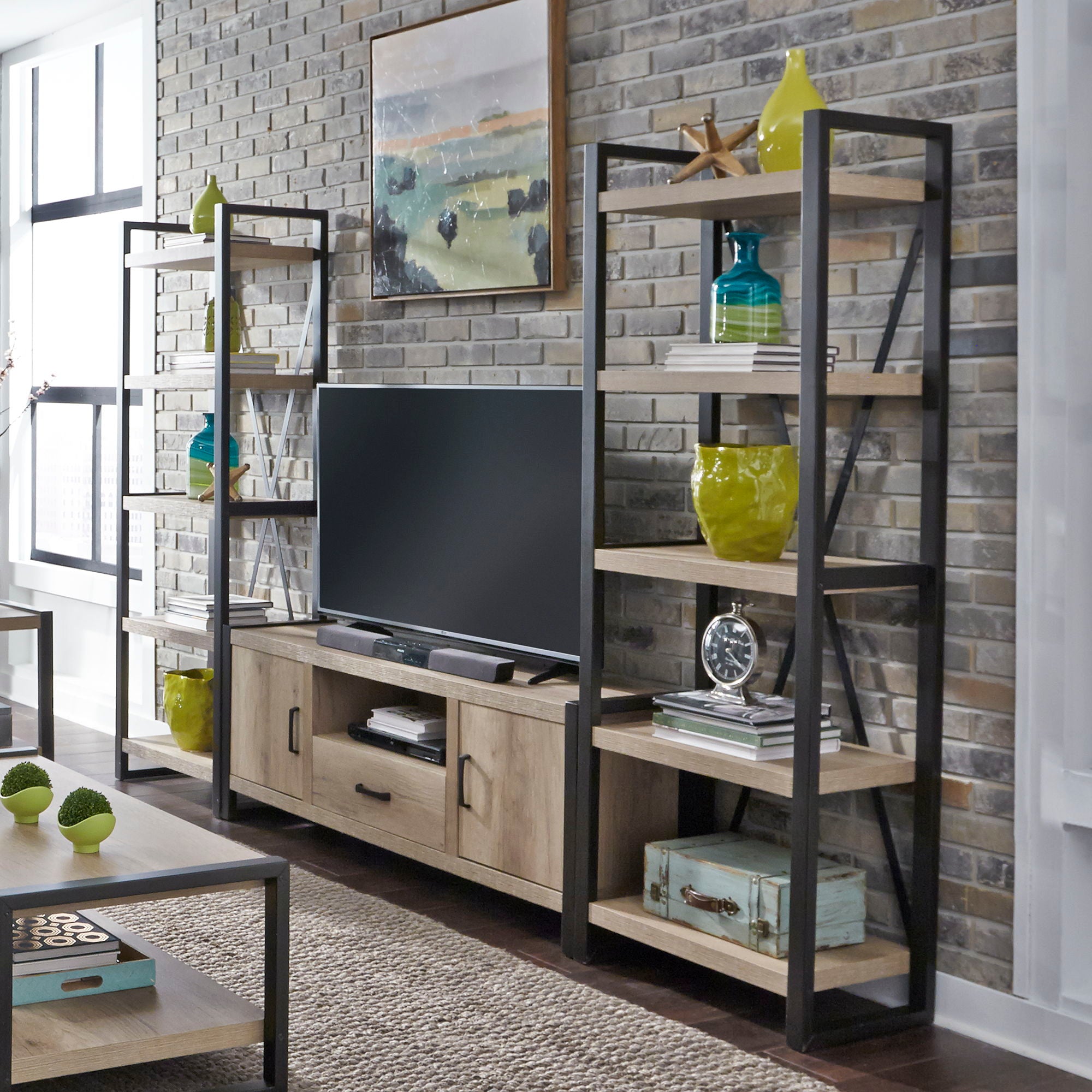 Liberty Furniture Sun Valley - Entertainment Center With Piers - Light Brown - Metal Side Drawers | Meri Furniture