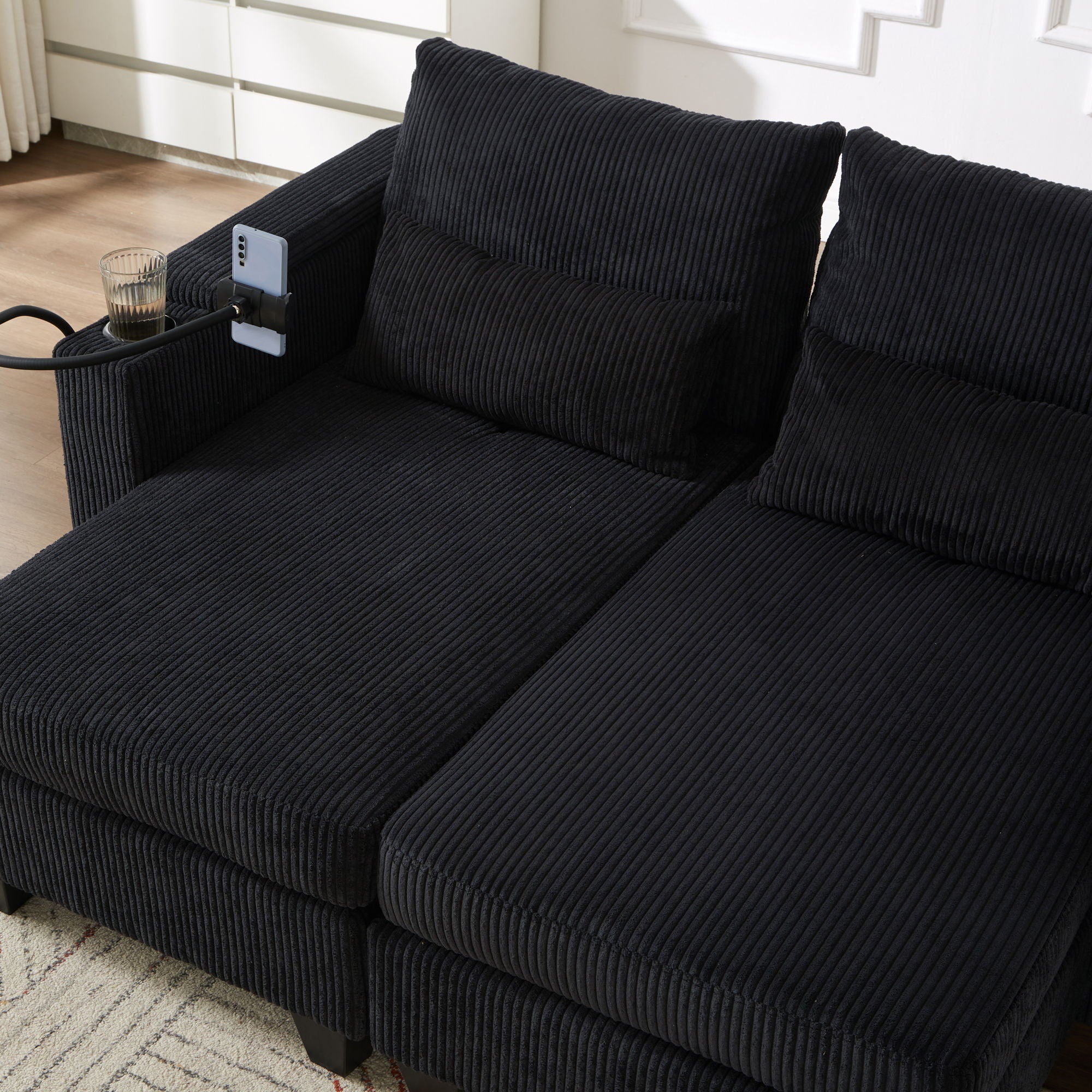 Convertible Chaise Lounge Sofa Chair With USB Ports, Cup Holders, Phone Holder And Storage