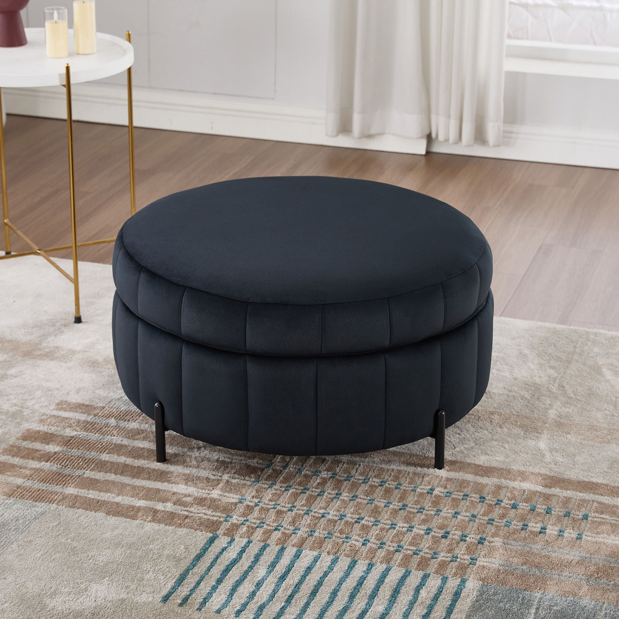 Upholstered Round Ottoman With Reversible Lid, Channel Tufted Pumpkin Shape