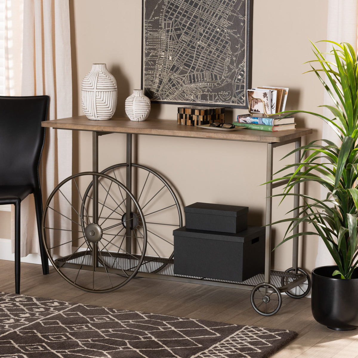 Terence Vintage Rustic Industrial Natural Finished Wood and Black Finished Metal Wheeled Console Table