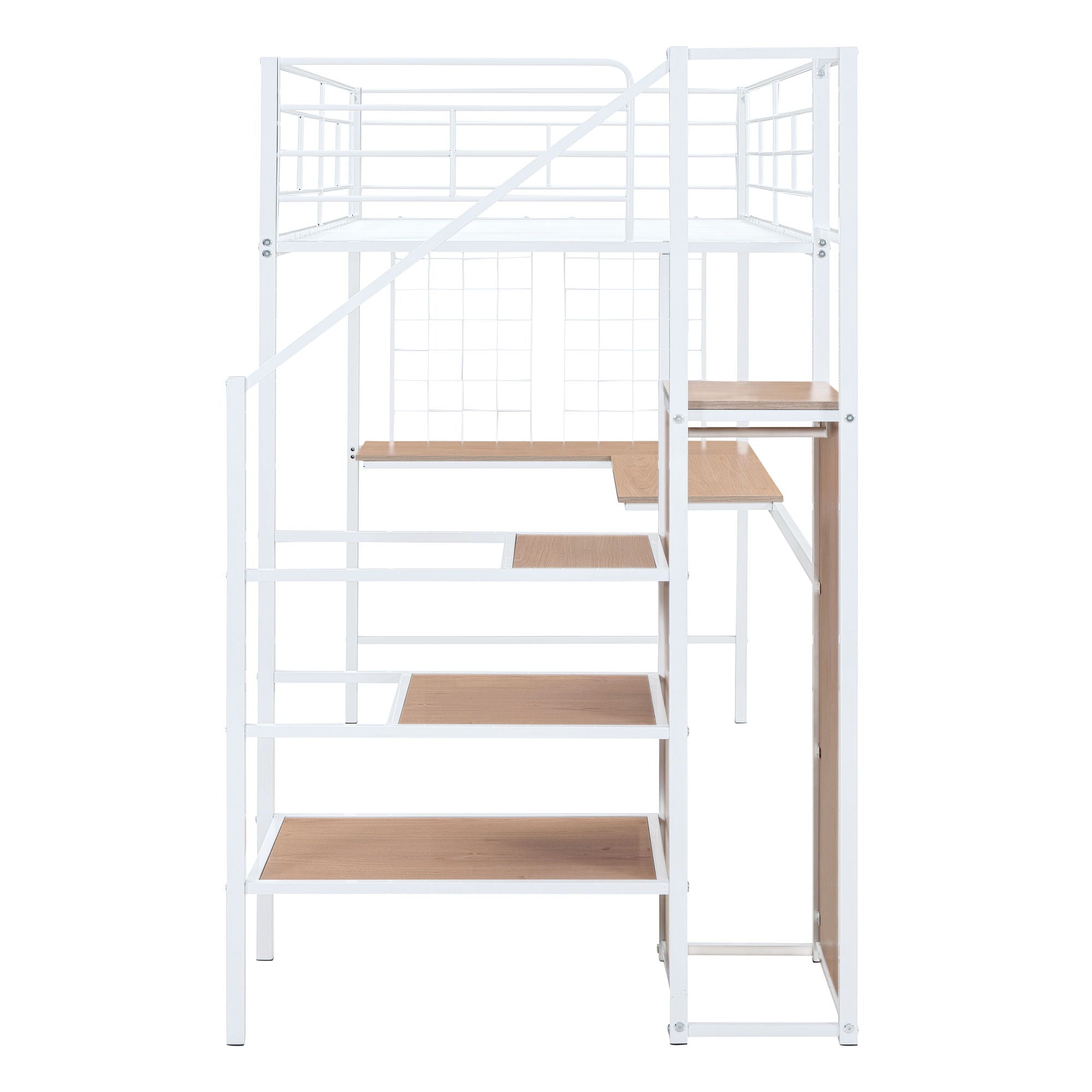 Loft Bed With Desk And Grid, Stylish Frame With Lateral Storage Ladder And Wardrobe