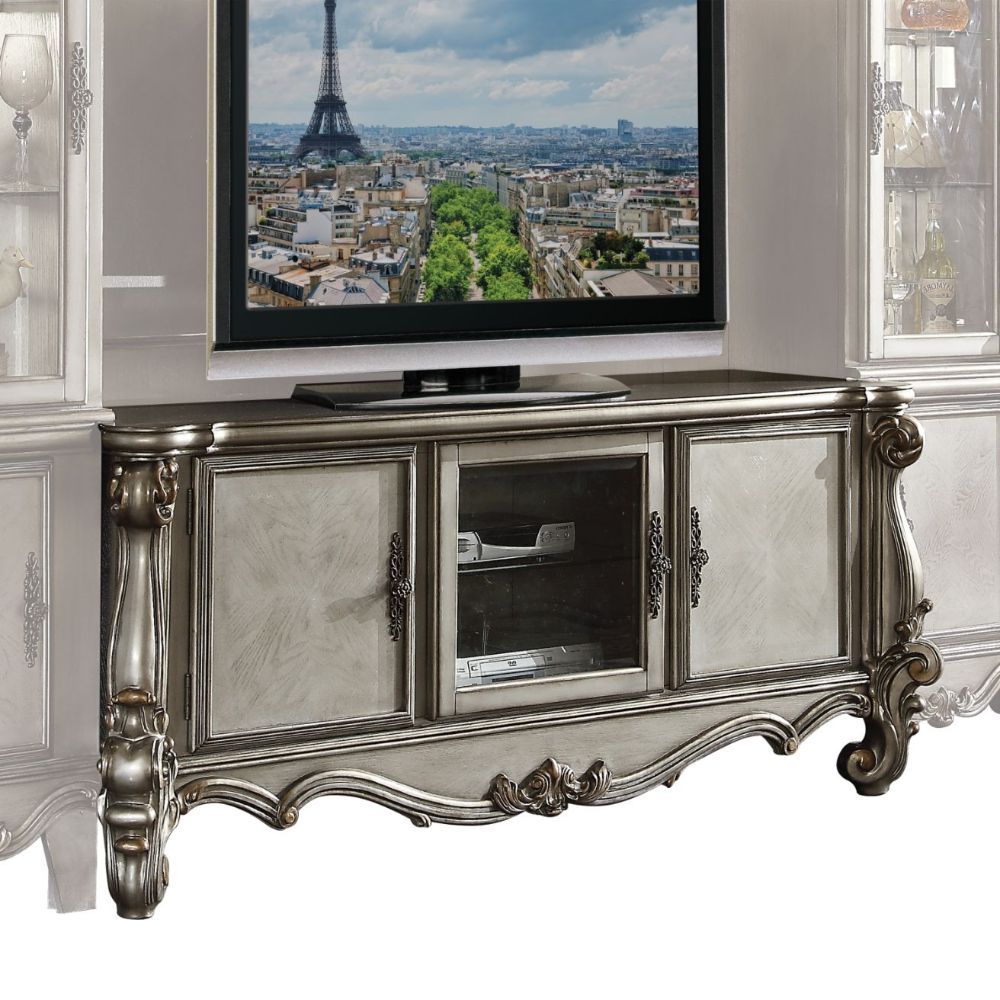 ACME The Versailles the TV Stand was inspired by old European design. This collection features carved scrollwork accent on legs and trim base. | Meri Furniture