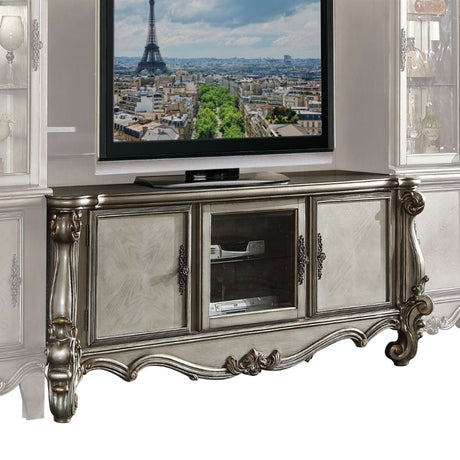 The Versailles the TV Stand was inspired by old European design. This collection features carved scrollwork accent on legs and trim base.