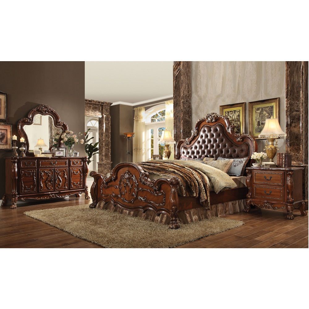ACME Create an elegant, classy design in your bedroom with the Dresden gold patina and bone mirror. This mirror features a beautiful scrolled frame with beveled edges. Add this mirror to any other piece from this collection to create the perfect bedroom.