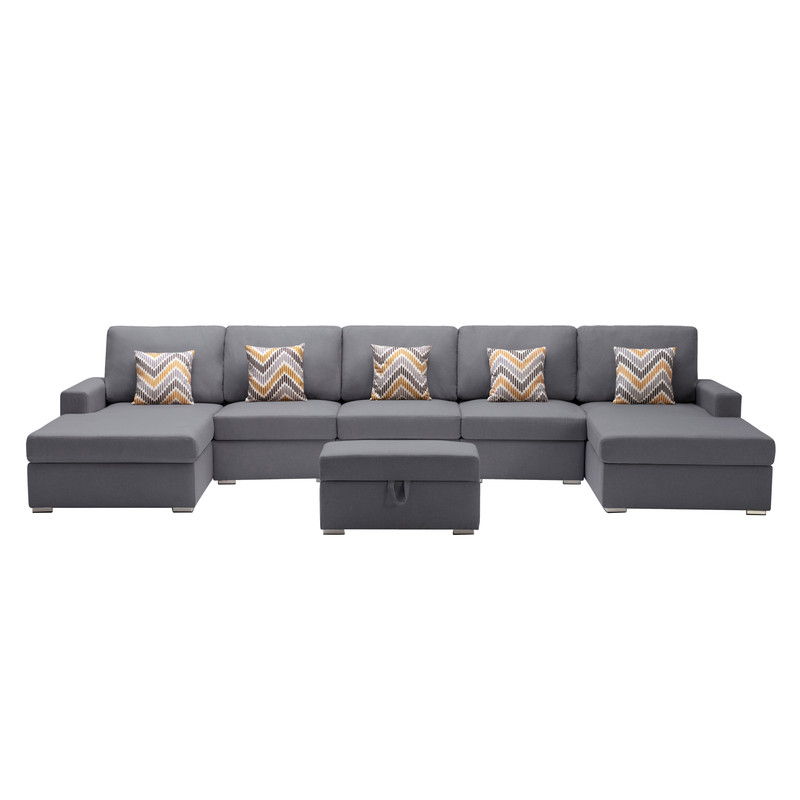Nolan 152"W Gray Linen Fabric 6Pc Double Chaise Sectional Sofa with Interchangeable Legs, Storage Ottoman, and Pillows