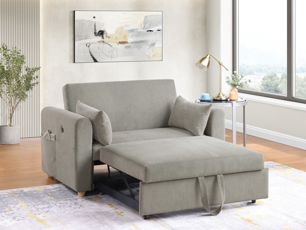 Marielle 55"W Gray Corduroy Convertible Sleeper Loveseat with USB Ports, Magazine Pockets, and Pillows