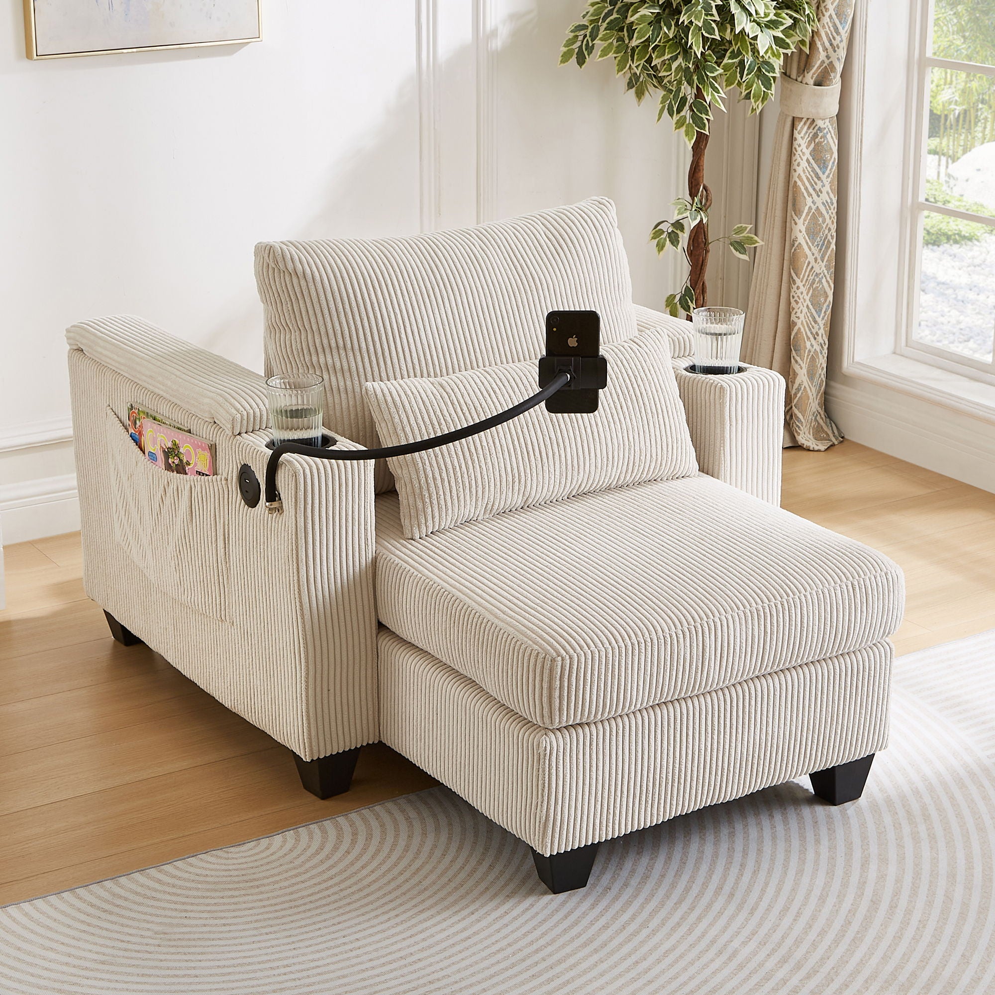 Convertible Chaise Lounge Sofa Chair With USB Ports, Cup Holders, Phone Holder And Storage