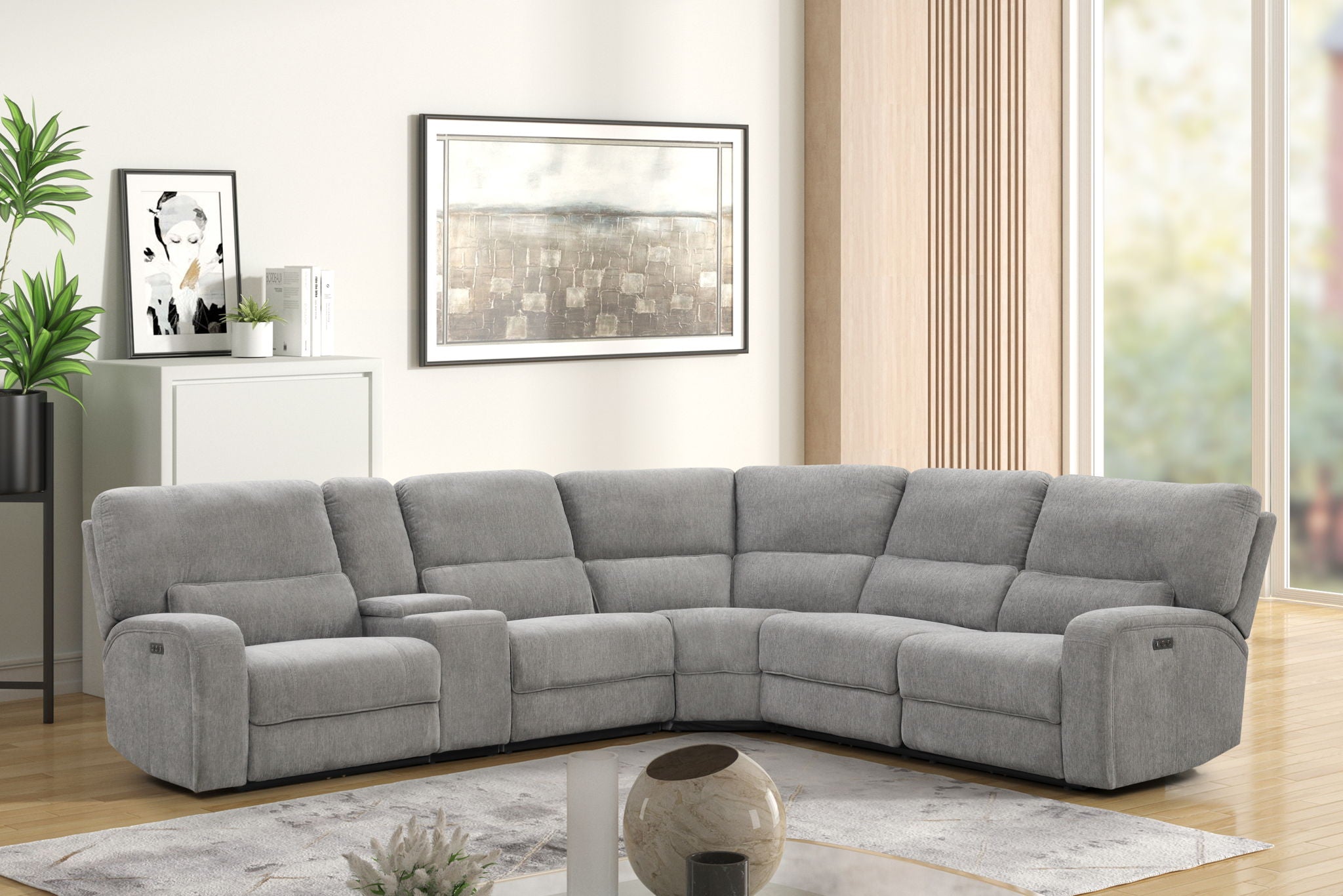 Anthony 114" Wide Light Gray Chenille Fabric Power Reclining Sectional with Power Headrest, Charging Ports, Storage, and Cupholders