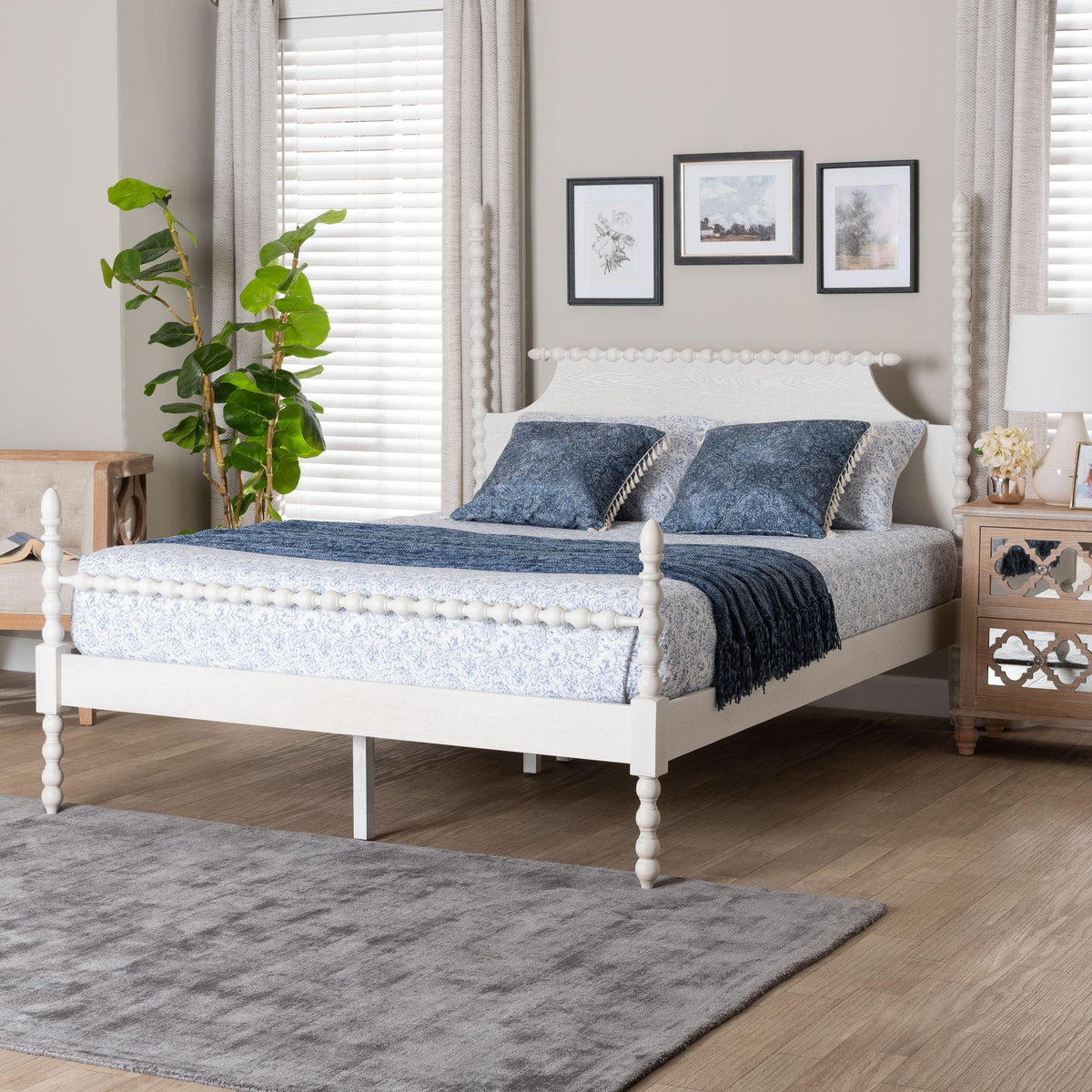 Caliana Bobbin Four-Poster Platform Bed - Wooden Bed Frame with Turned Spindle Posts and Panel Headboard, Vintage-Inspired Bedroom Furniture, White, Queen