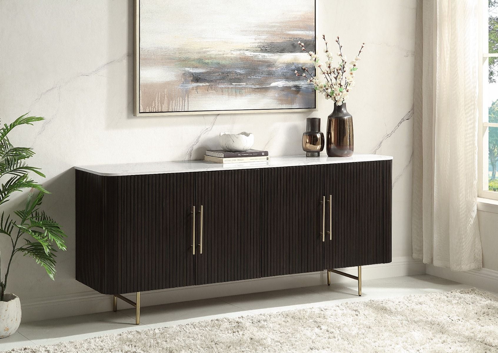 ACME Clayten - Server - White Natural Marble Top & Espreeso Finish | Meri Furniture