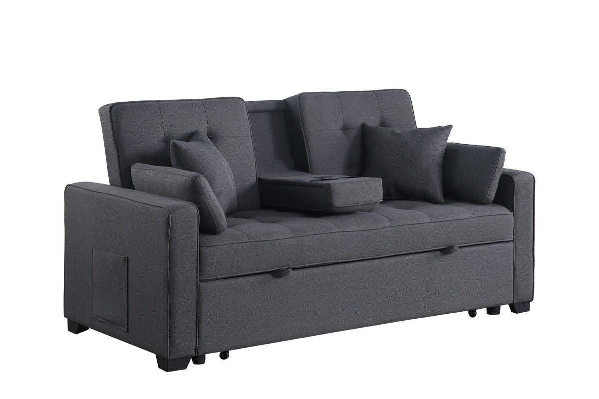 Cody II 70"W Dark Gray Linen Convertible Sleeper Loveseat with Dropdown Console, Cup Holders, Charging Ports, Pocket, and Pocket Coil Seating