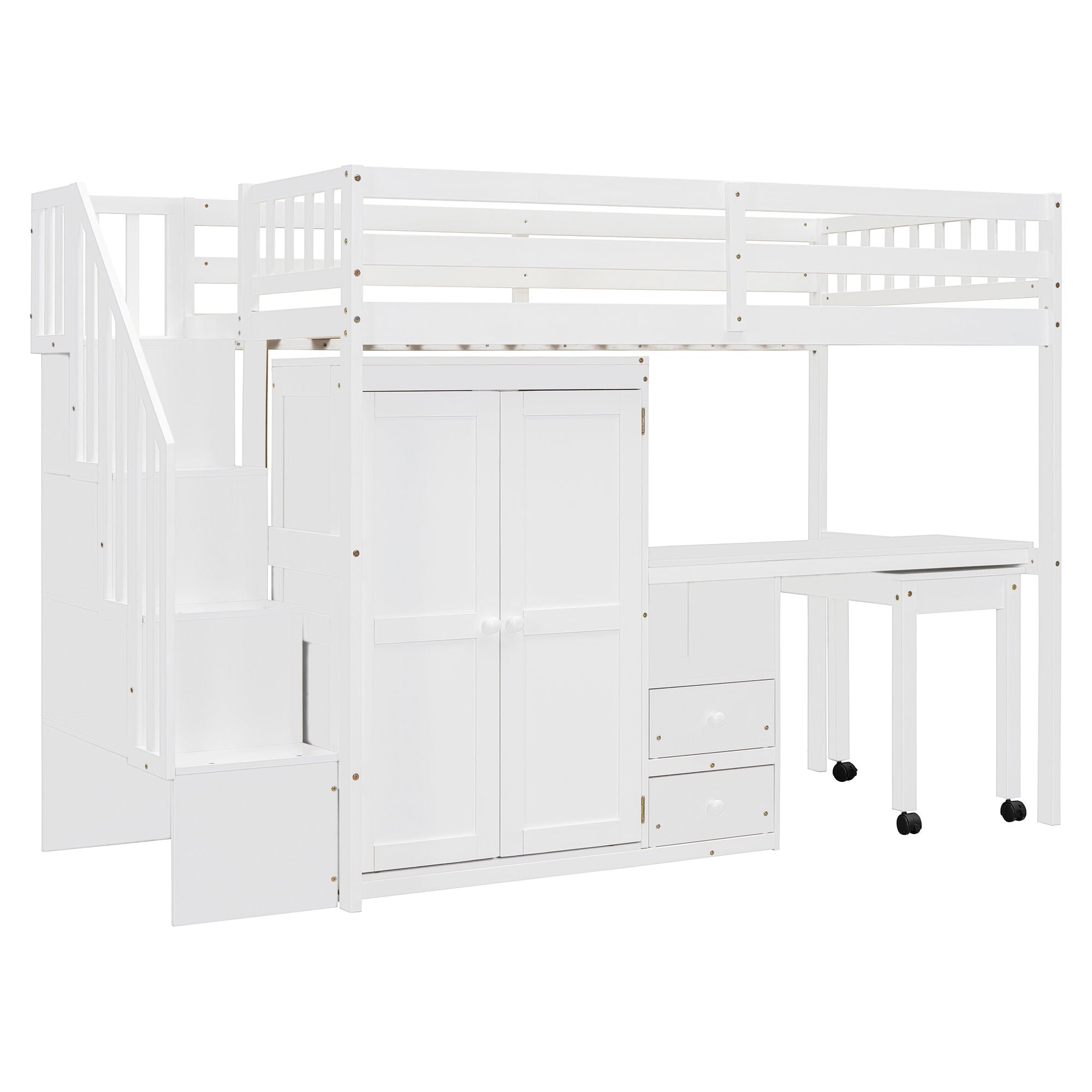 Loft Bed With Stairs, Bookshelf, Drawers, Desk & Wardrobe, Space Saving Multifunctional Furniture