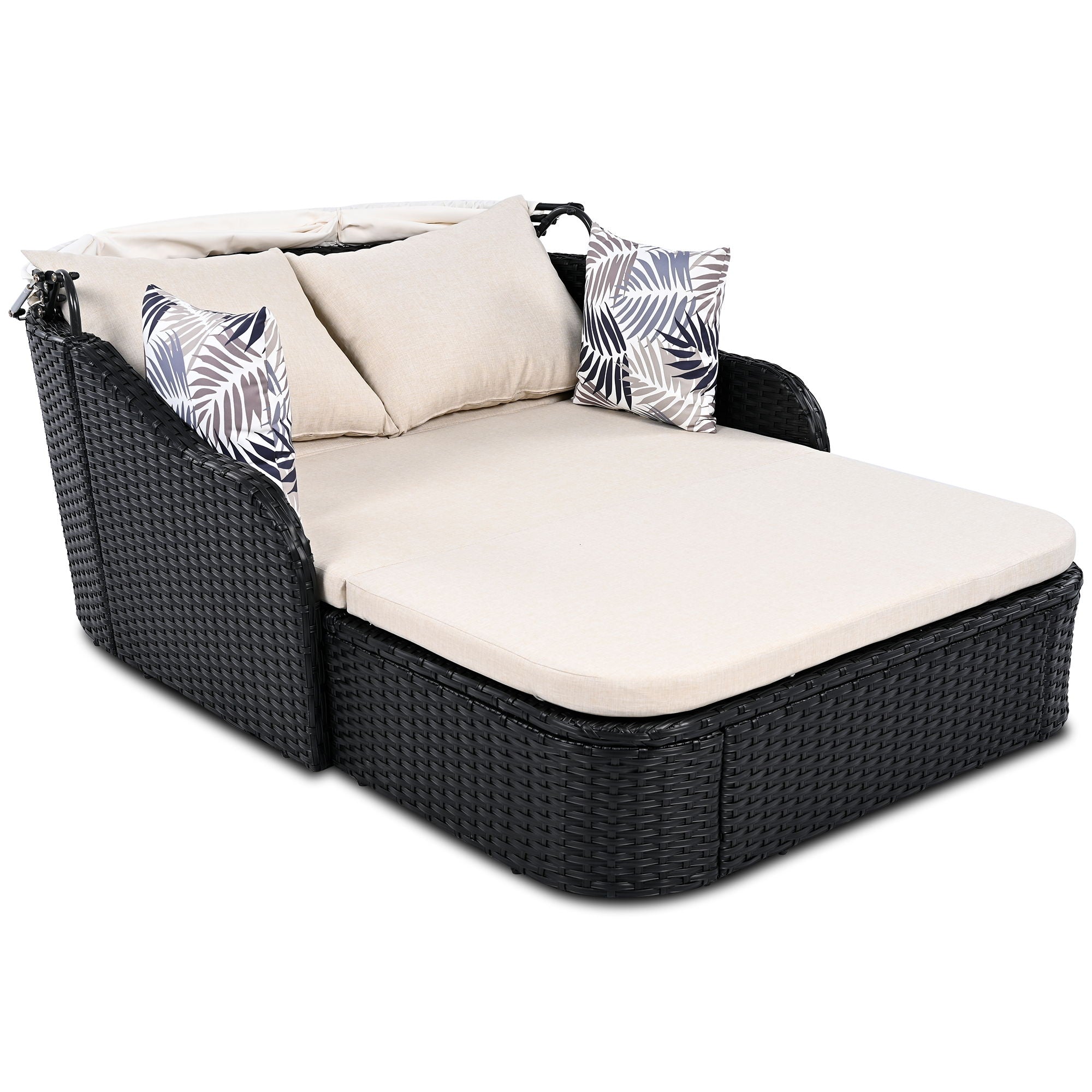 Outdoor Sunbed With Adjustable Canopy, Double Lounge, Daybed - Black / Beige