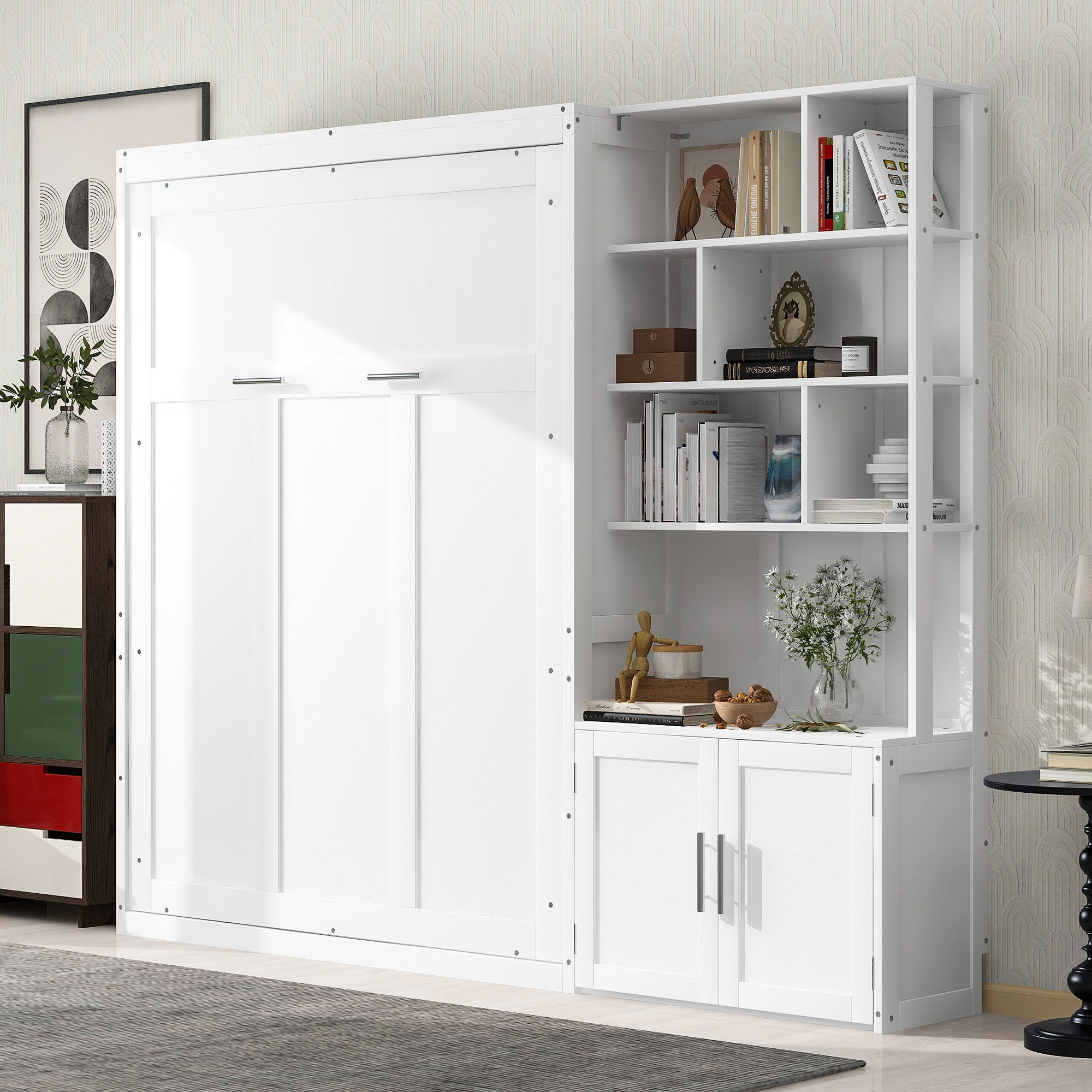 Full Size Murphy Bed With Multiple Storage Shelves And A Cabinet - White