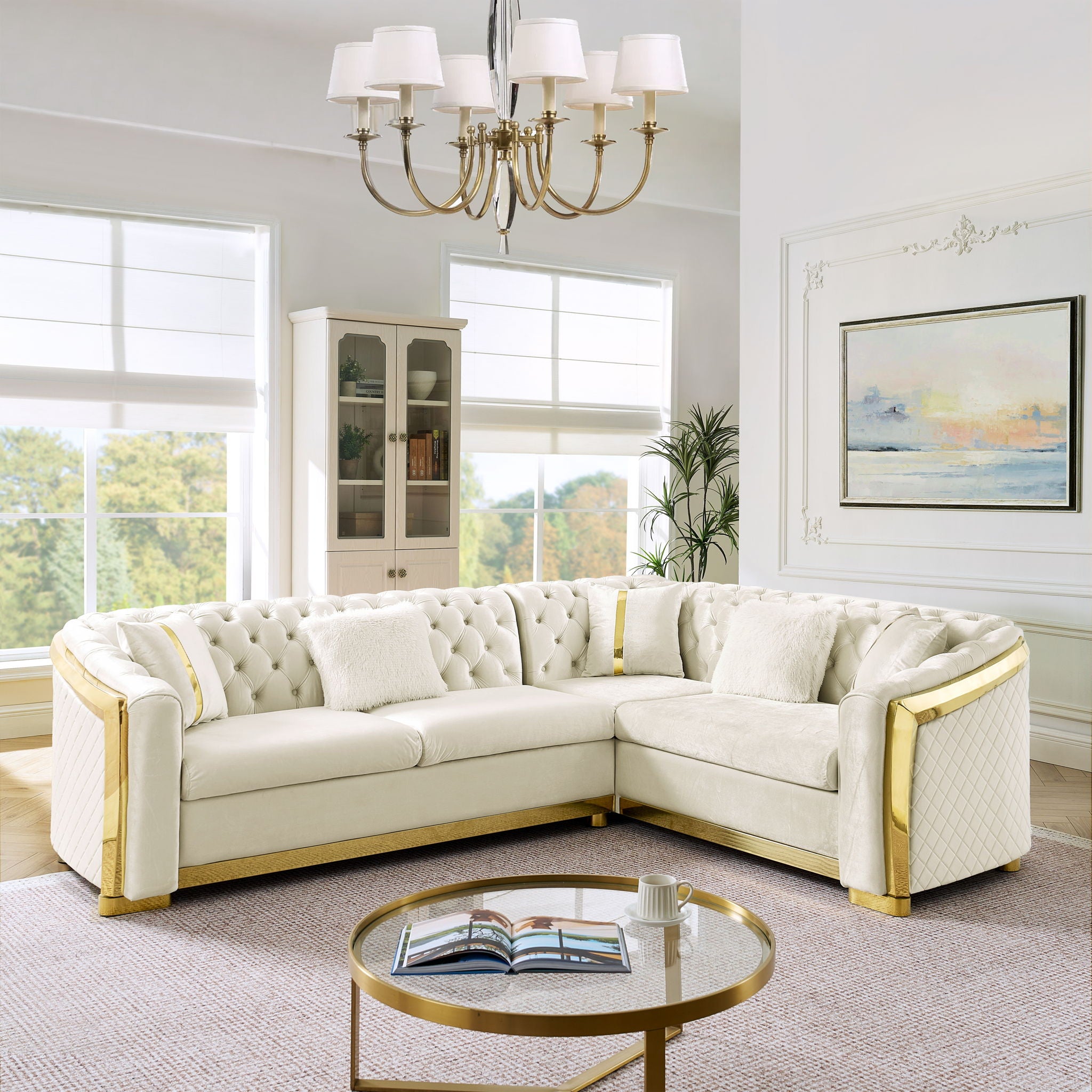 L Shaped Chesterfield Sectional Sofa With Stainless Steel Accents