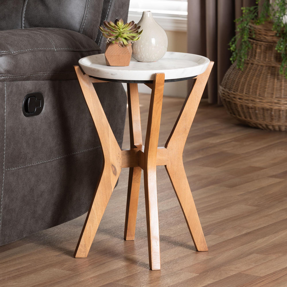 Phaedra Round Marble End Table - Modern Accent Table with Mango Wood Frame and Tray Tabletop for Living Room or Seating Area