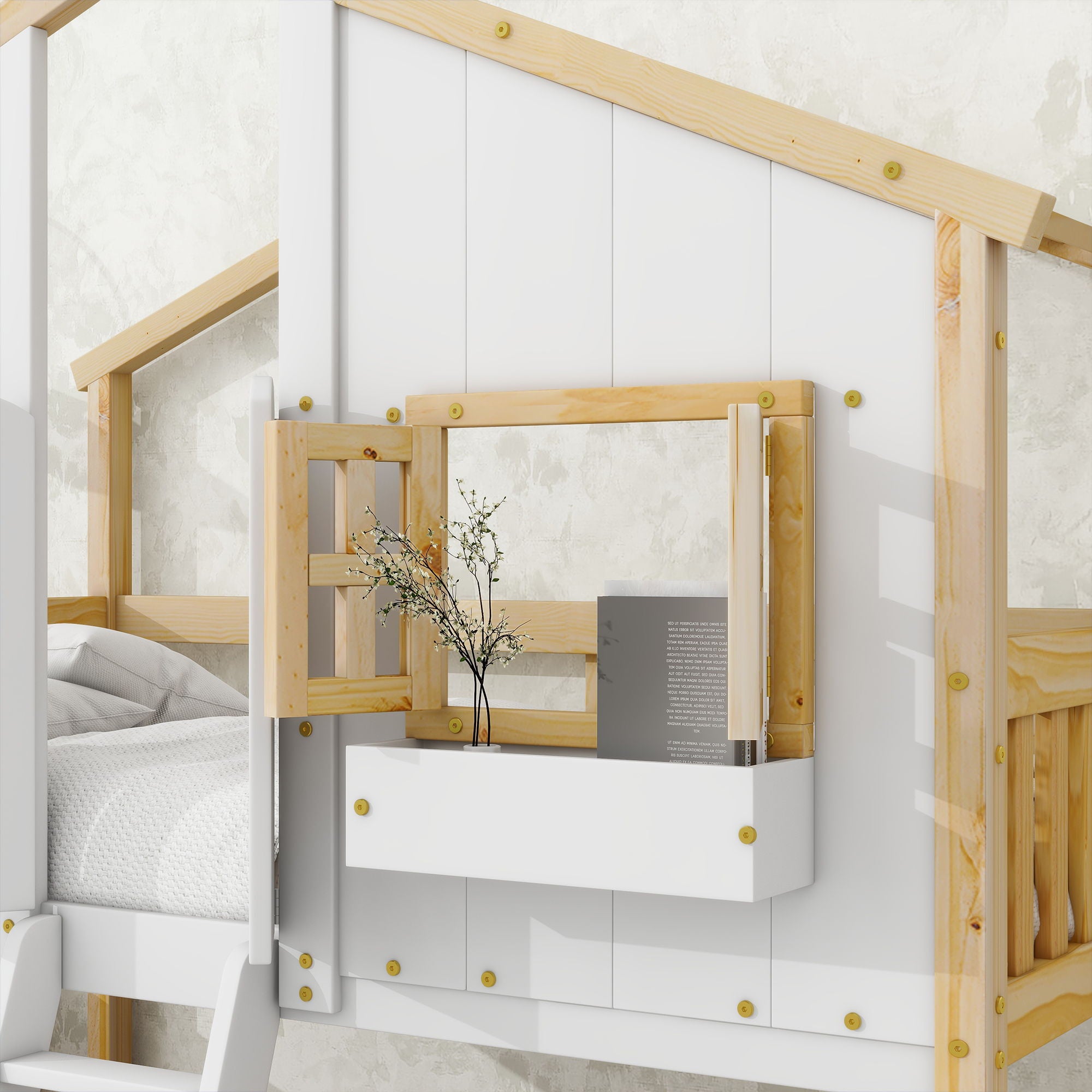 House Bunk Bed With Roof, Window, Window Box, Door, With Safety Guardrails And Ladder