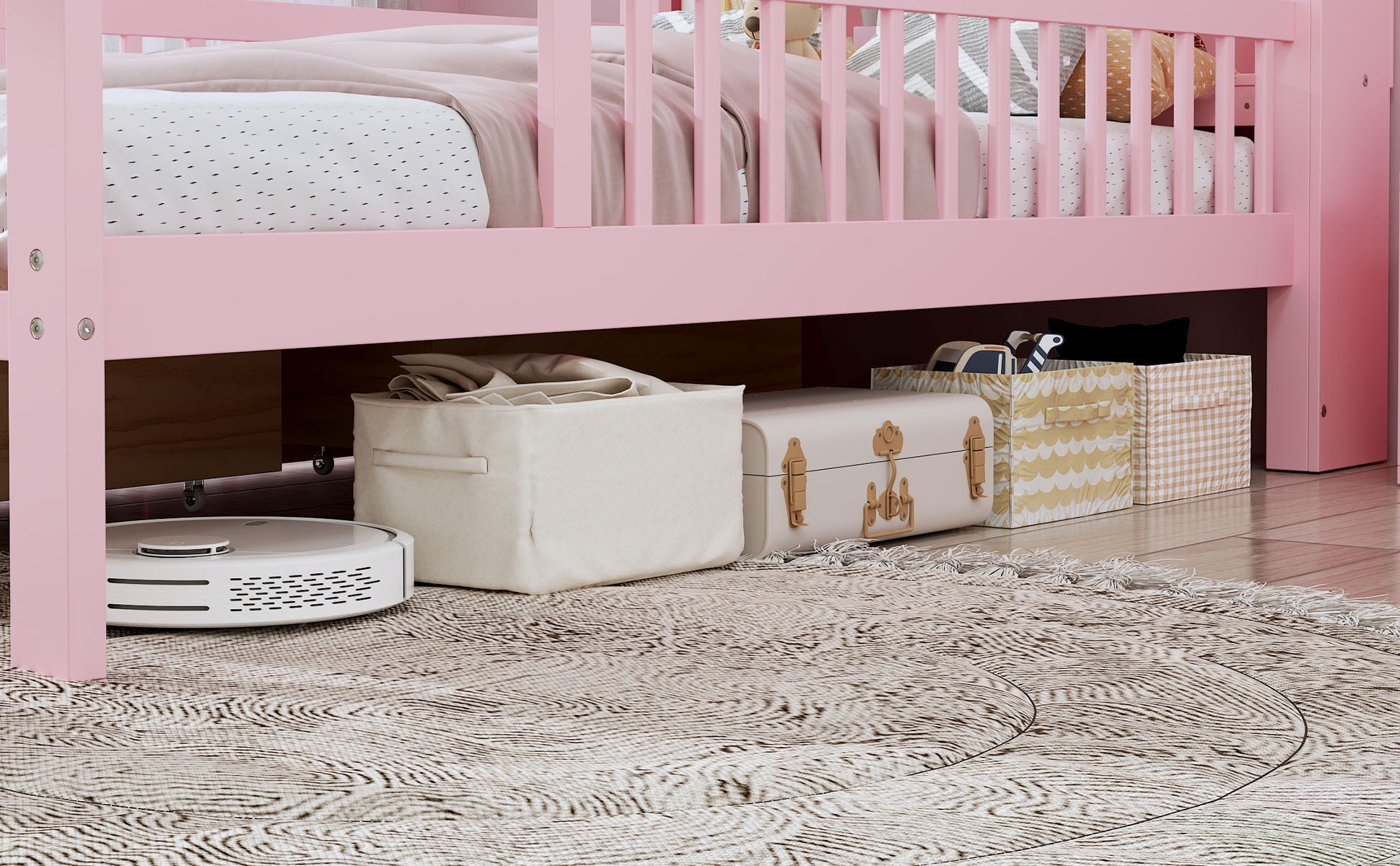 Bed With Headboard Storage Rack, 2 Under Bed Drawers, 3 Side Guardrails For Safety