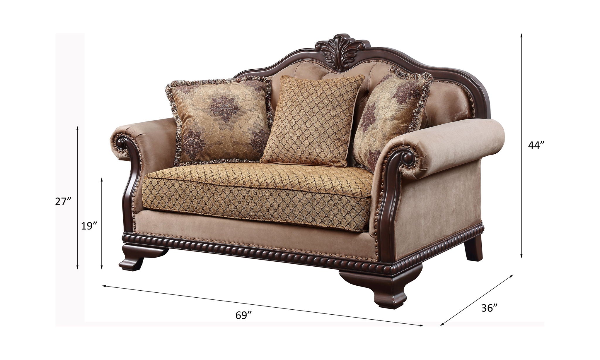 Chateau De Ville - Loveseat With 3 Pillows Same Lv01589) - Fabric & Espresso