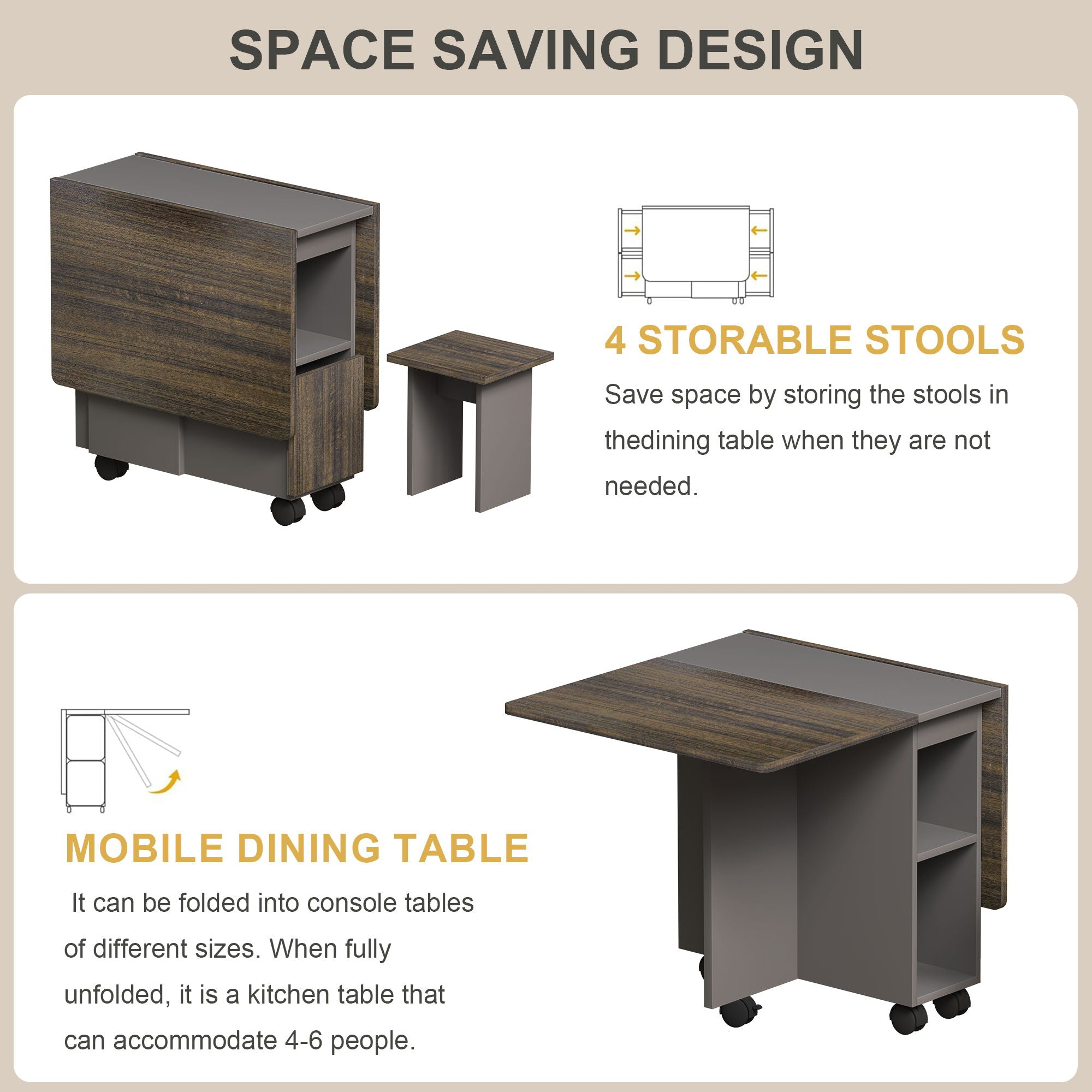 Contemporary 5 Piece Folding Extendable Dining Table Set With Chairs For 4 - Brown