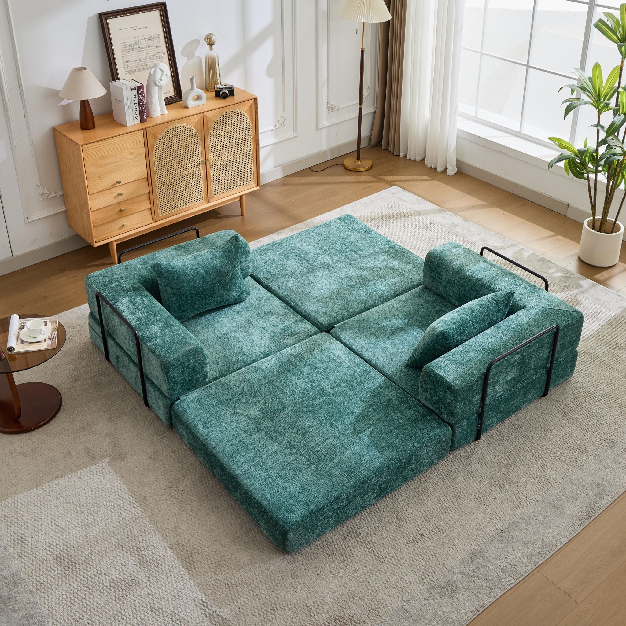 Convertible Floor Sofa Bed With Pillow Back Support Armrest