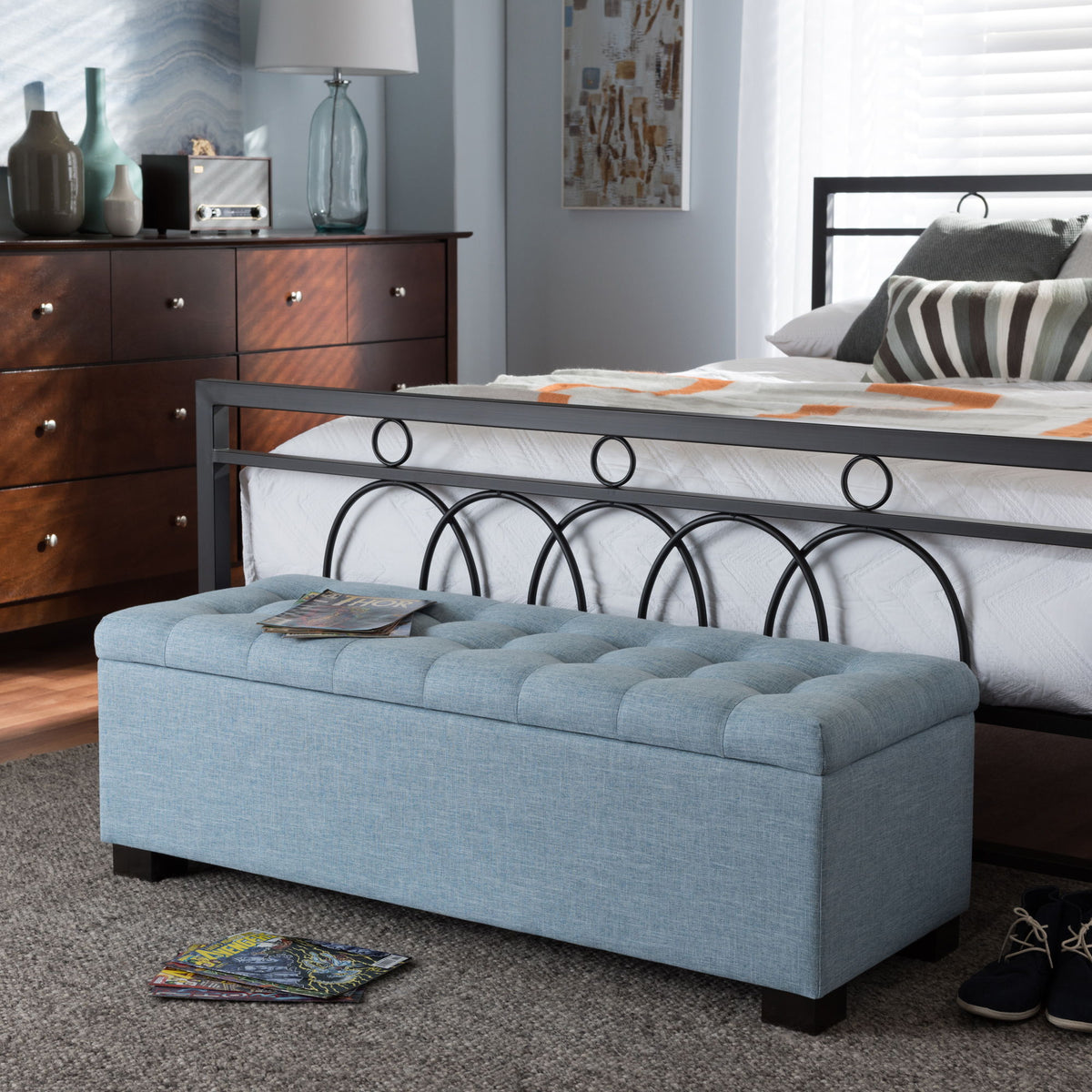 RoaNoke Modern and Contemporary Light Blue Fabric Upholstered Grid-Tufting Storage Ottoman Bench
