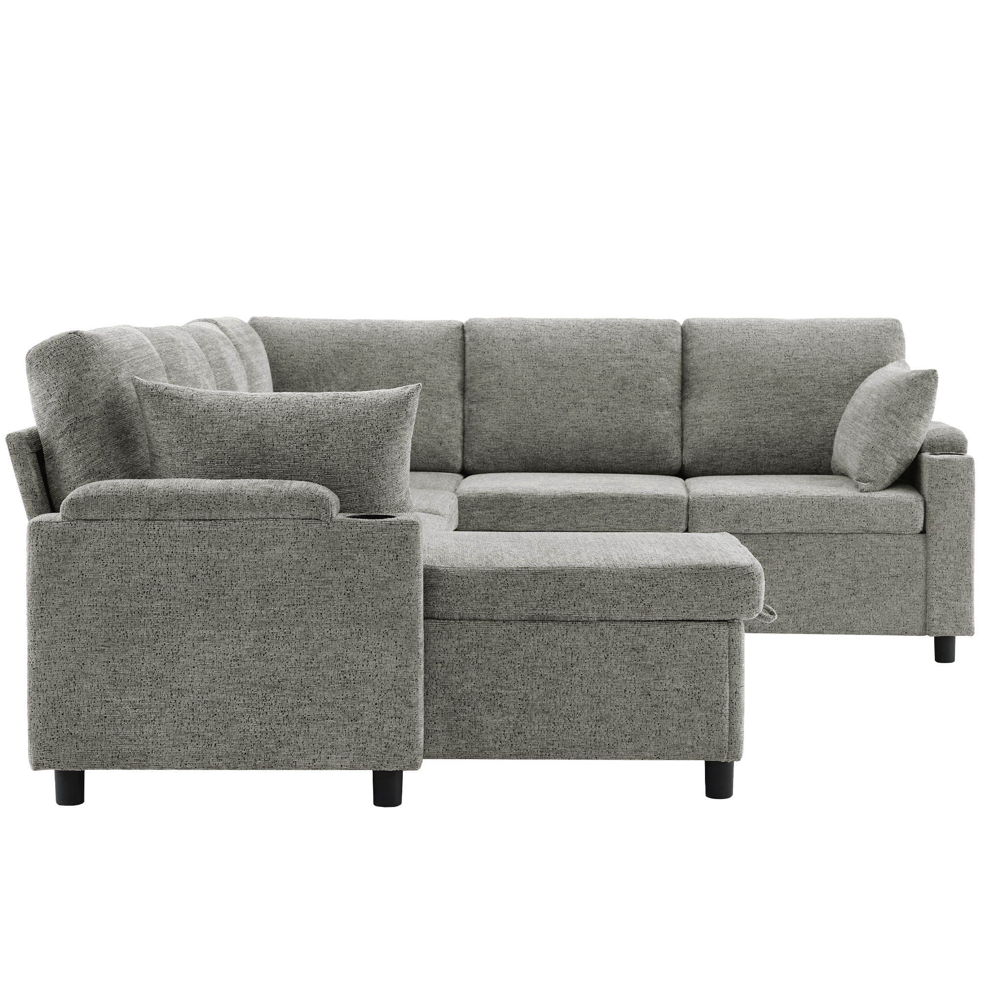 U-Shaped Sectional Sleeper Sofa With Ample Storage Space, 2 Cup Holders And Charging Ports For Living Room