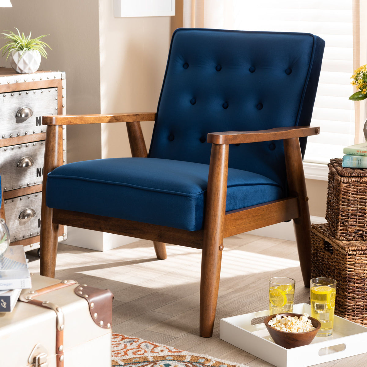 Sorrento Mid-century Modern Navy Blue Velvet Fabric Upholstered Walnut Finished Wooden Lounge Chair