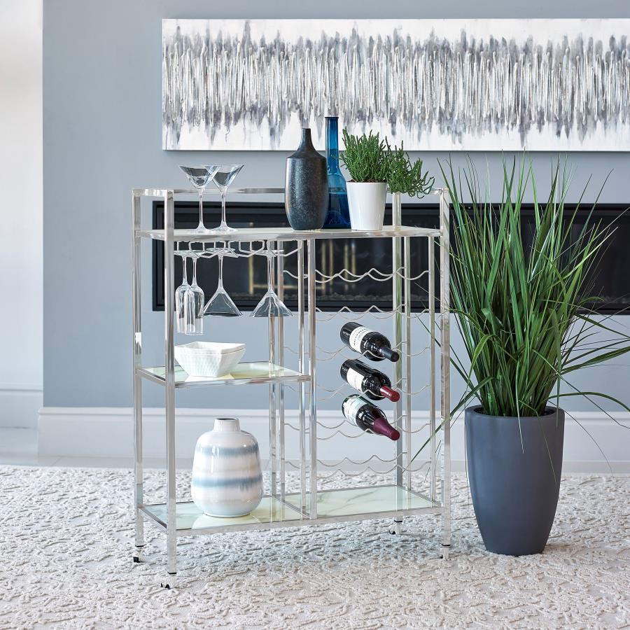 Coaster Fine Furniture Derion - 3-Tier Rectangular Glass Shelf Metal Bar Cart - Chrome | Meri Furniture