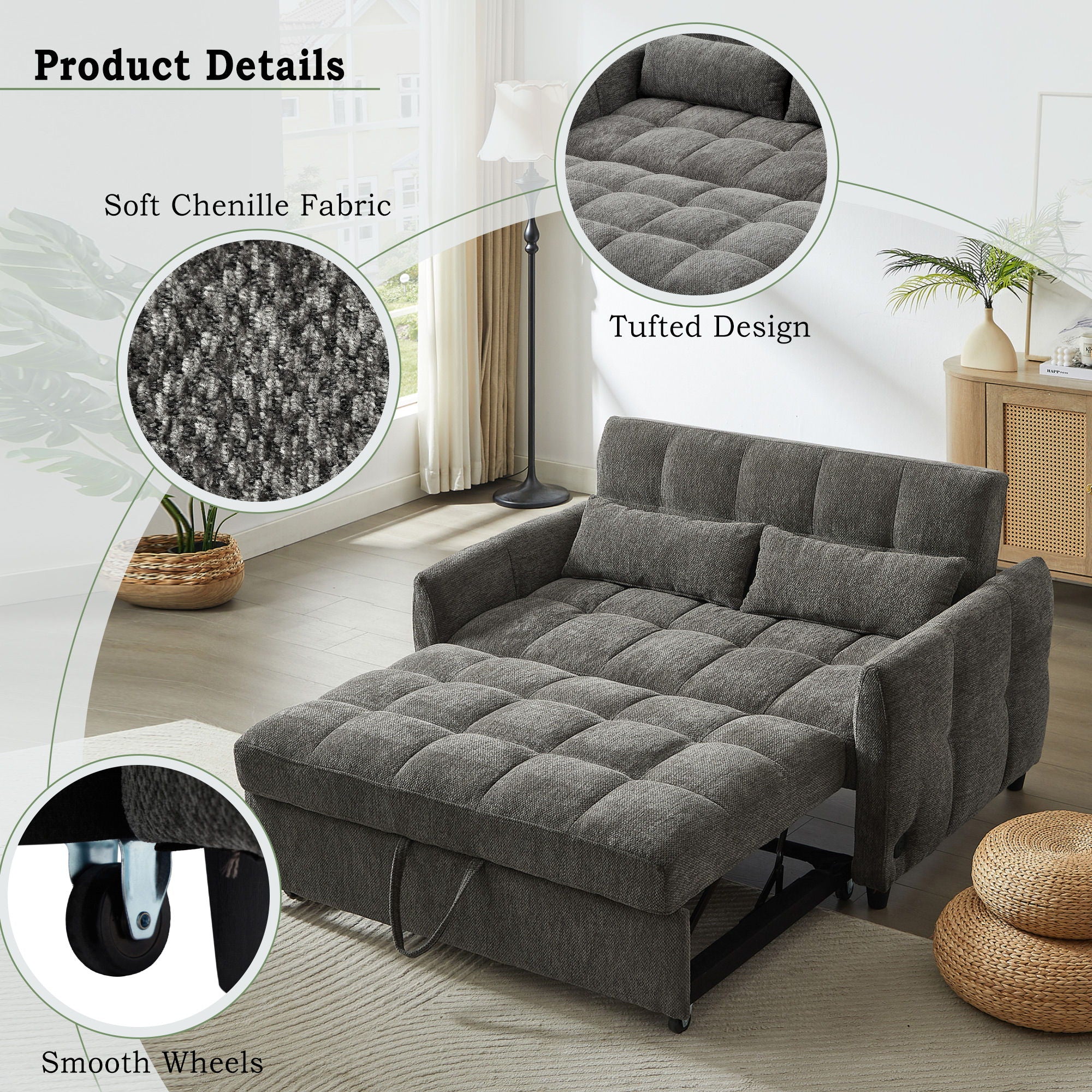 Loveseat Sofa Pull-Out Bed With Adjustable Backrest, 3 USB Ports And 2 Lumbar Pillows For Living Room