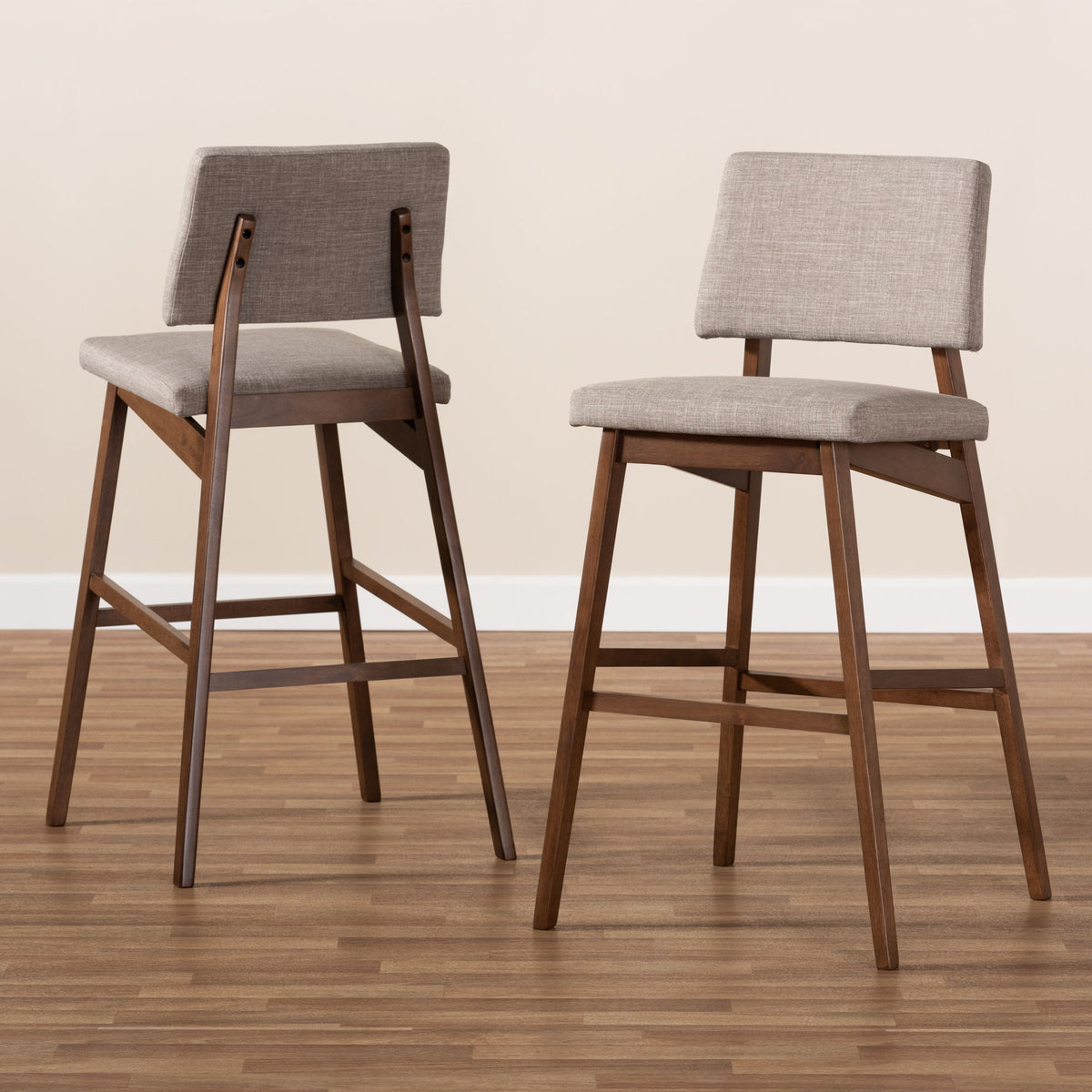 Colton Mid-Century Modern Light Gray Fabric Upholstered and Walnut-Finished Wood Bar Stool Set of 2