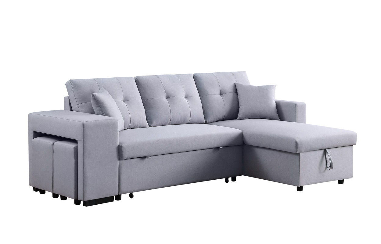 Dennis 93"W Light Gray Linen Fabric Reversible Sleeper Sectional with Storage Chaise and 2 Stools