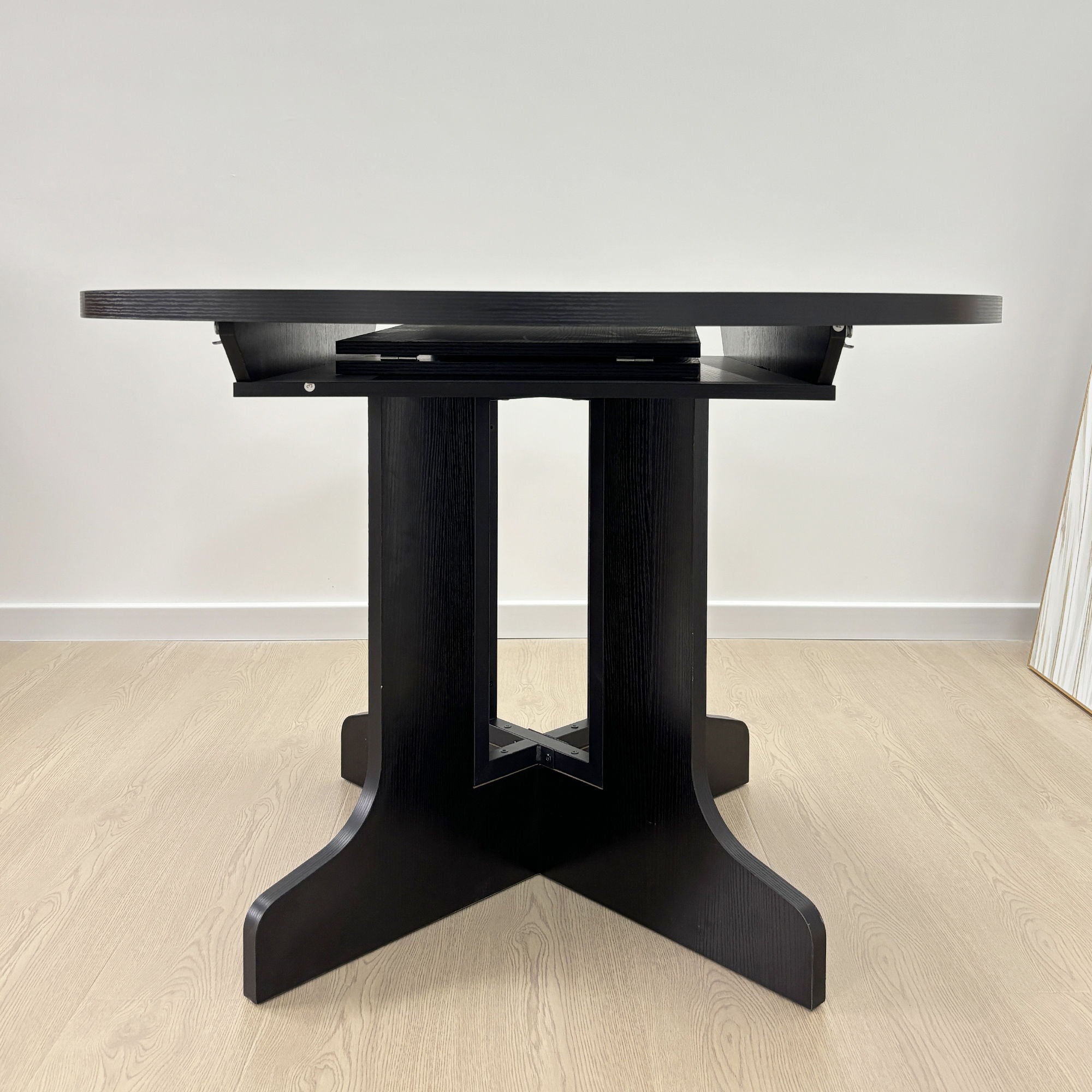 Dining Table For Farmhouse Kitchen Expandable Oval Table Top With Removable Leaf Trestle X Shaped Base - Black