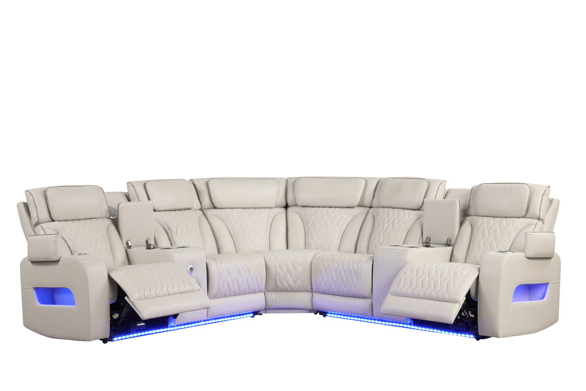 Jazz 117"W Ice Leather Aire Transformer Power Reclining Sectional Sofa with Power Headrest, Bluetooth Speakers, LED Lights, USB & USB-C Ports, Storage & Cupholders