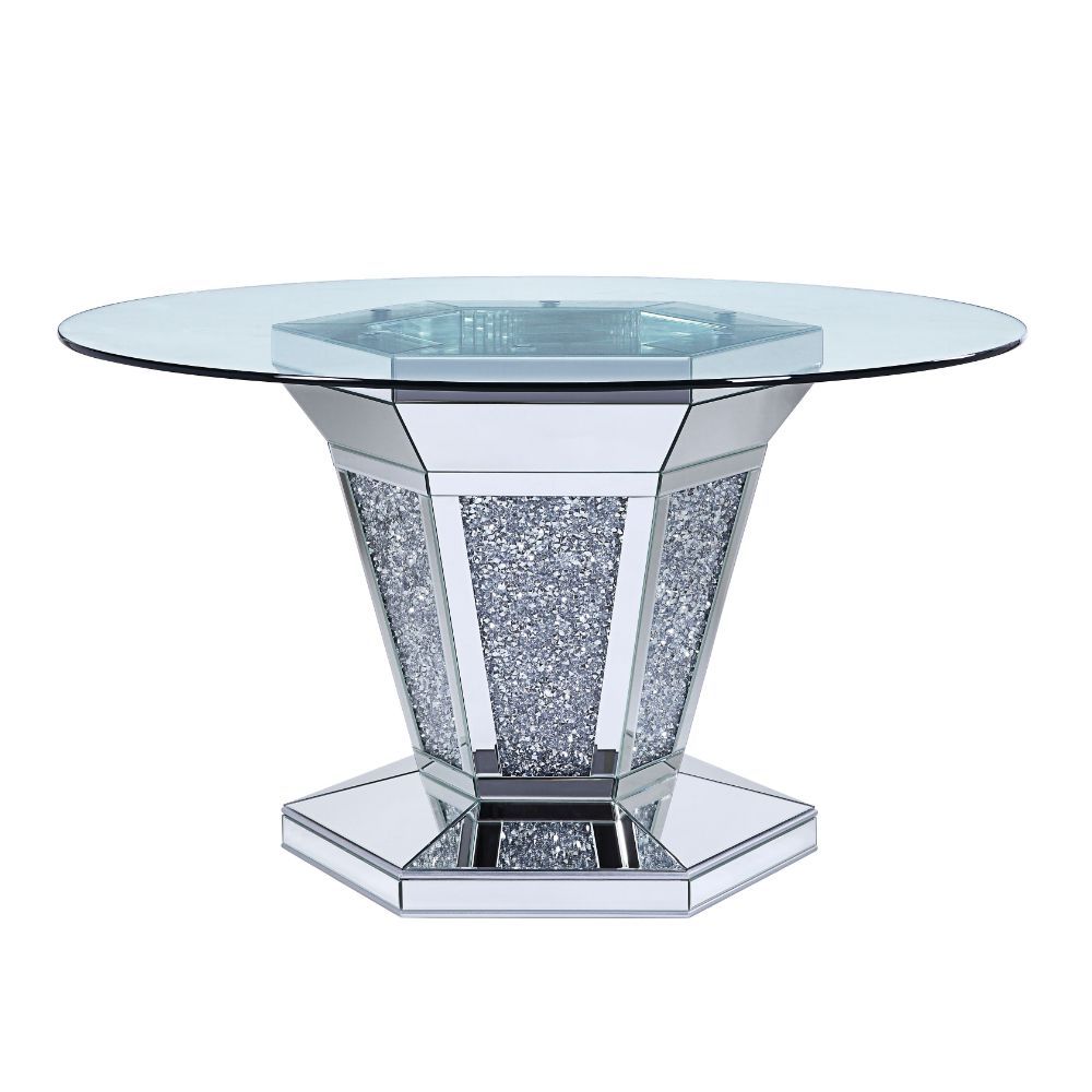 ACME Noralie - Dining Table - Mirrored, Faux Diamonds & Clear Glass | Meri Furniture