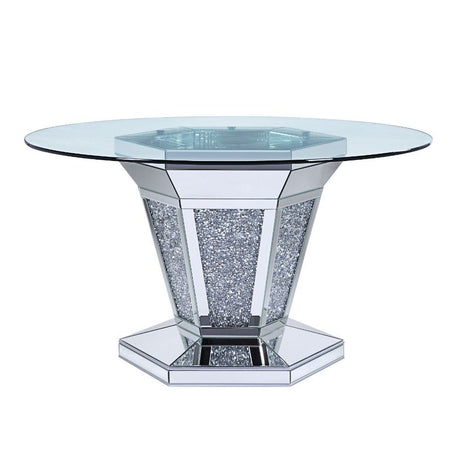 ACME Noralie - Dining Table - Mirrored, Faux Diamonds & Clear Glass | Meri Furniture